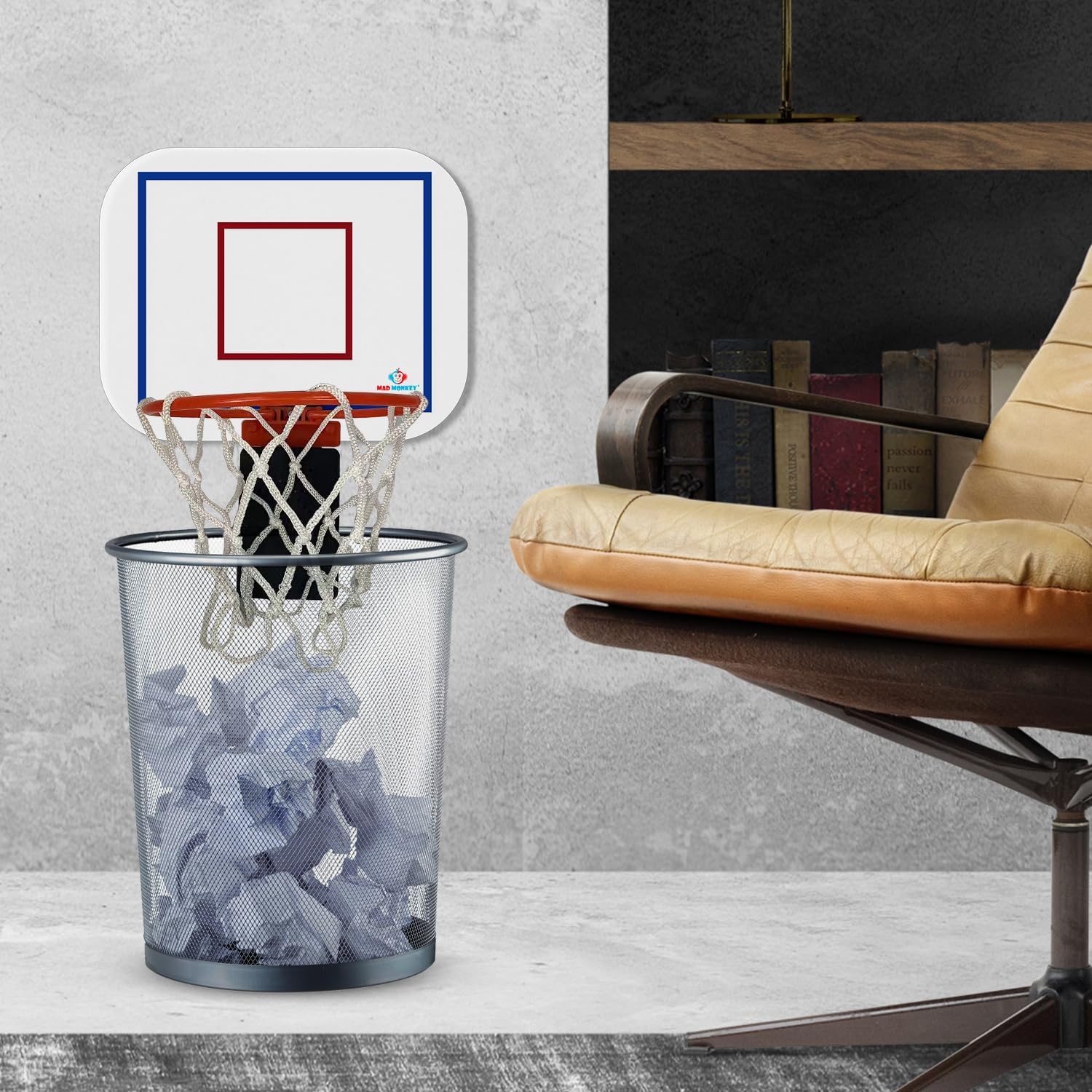 Mad Monkey Basketball Hoop Bin - Funny Waste Paper Basket for Teenager's Room or Office - Basketball Bin with Sound - Perfect Gadget for Basketball Fans
