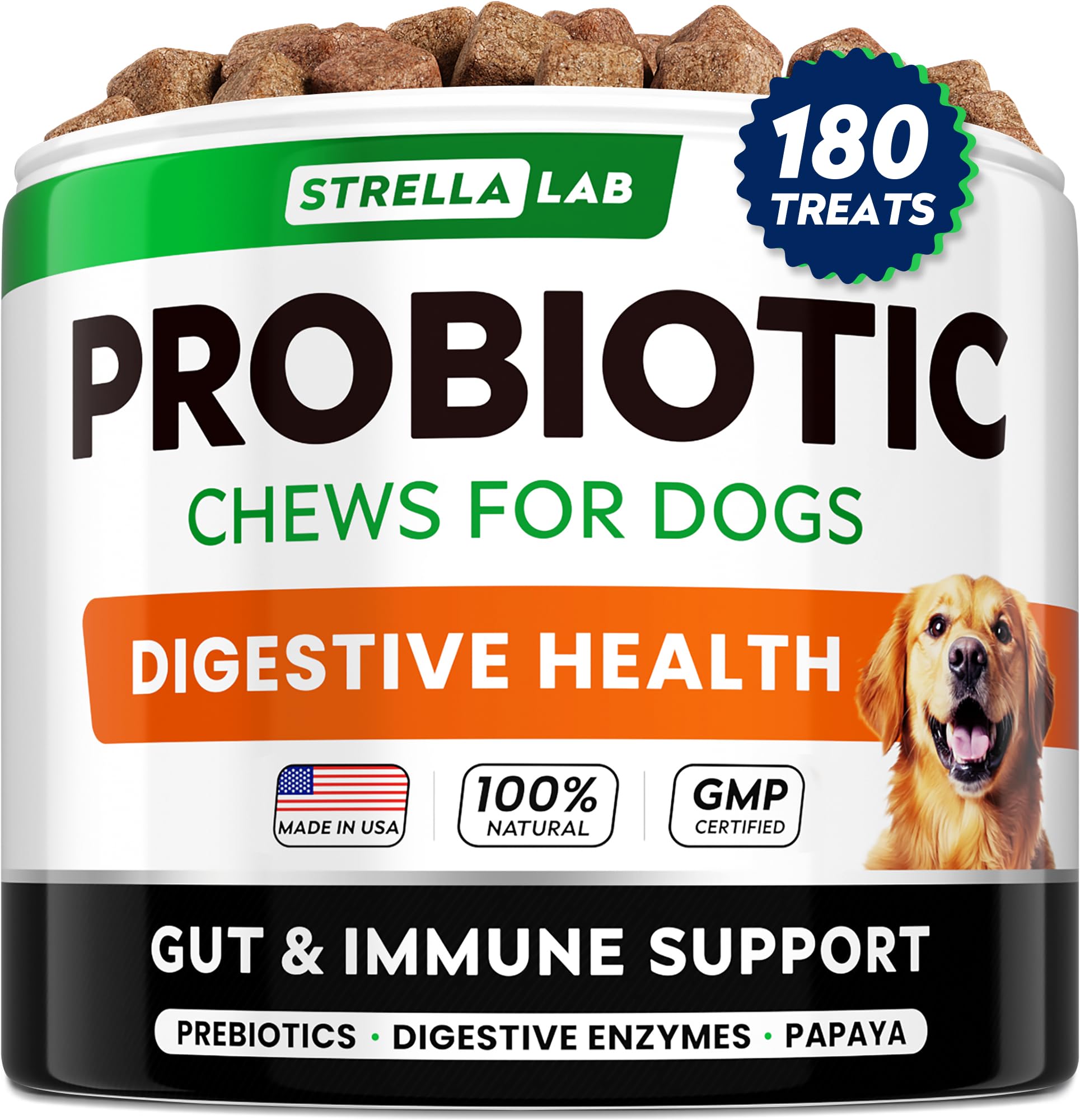 STRELLALAB Dog Probiotics Chews for Digestive Health & Gut Support with Yeast and Enzymes - Anti Gas, Diarrhea and Upset Stomach Immune Supplement - Digestion Treats with Fiber (180Ct, Bacon)