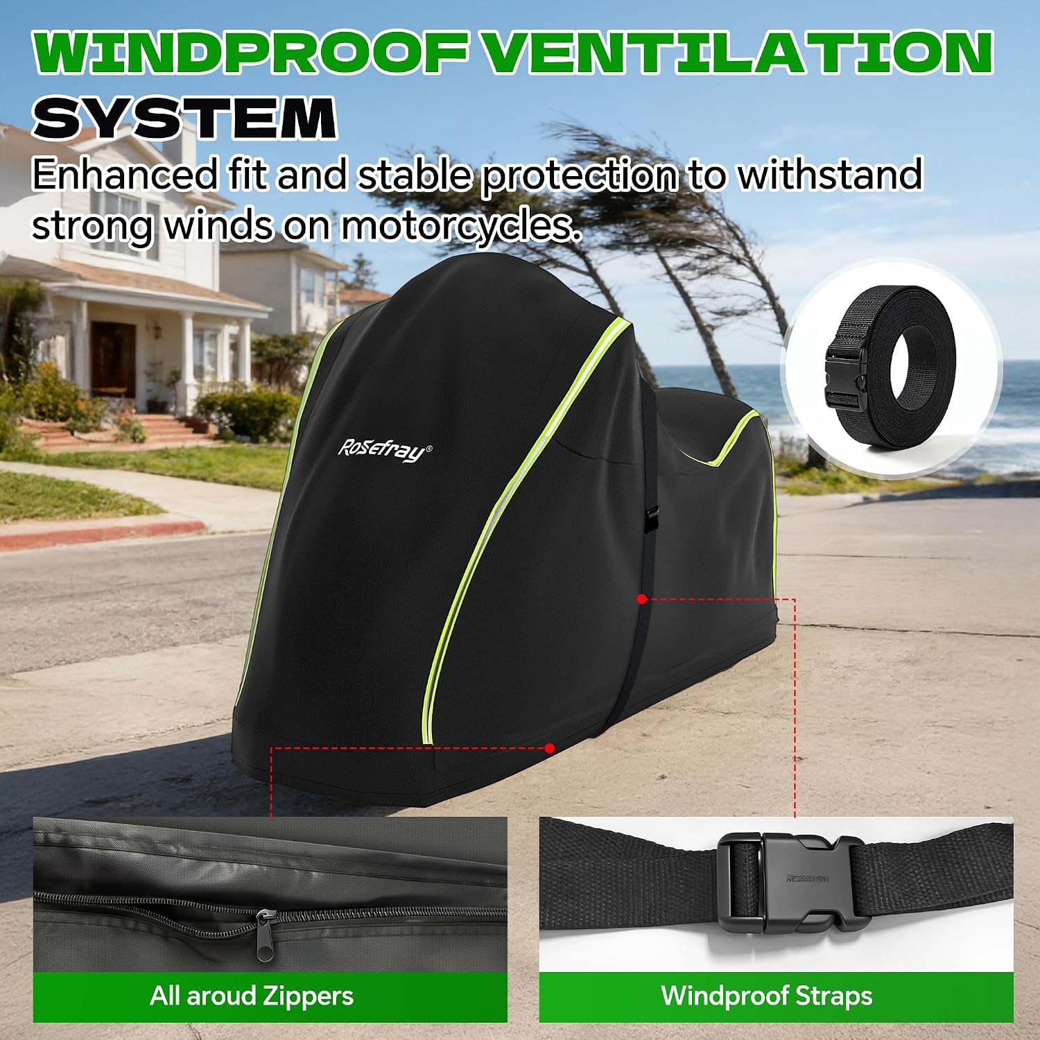 Full Enclosed Heavy Duty Motorcycle Cover, 600D Waterproof Outdoor UV Protection, Fits 86.6" Motorcycles for BMW Kawasaki Yamaha Honda Harley Suzuki Blackgreen