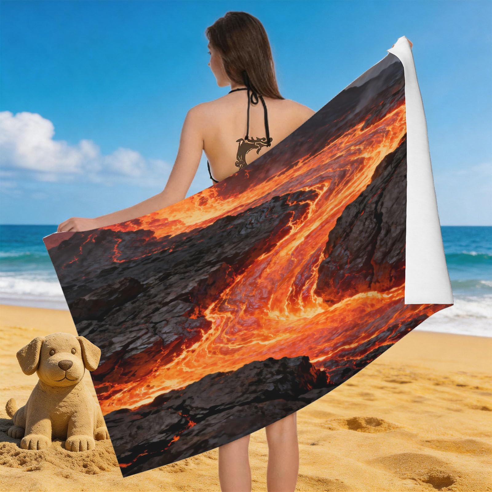 Leichong 3D Lava River Beach Towel Large Microfiber Soft Quick Dry for Adults, Natural Landscape Bath Towel Lightweight Soft Absorbent for Travel Swimming Pool Sports, 80 x 160 cm