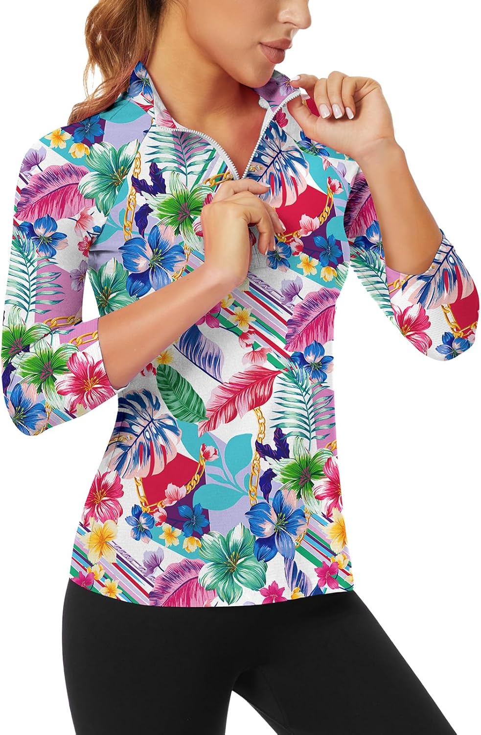 Soneven Womens 3/4 Sleeve Polo Shirts Sun Protection 1/4 Zip Shirt Moisture Wicking Tennis Shirts