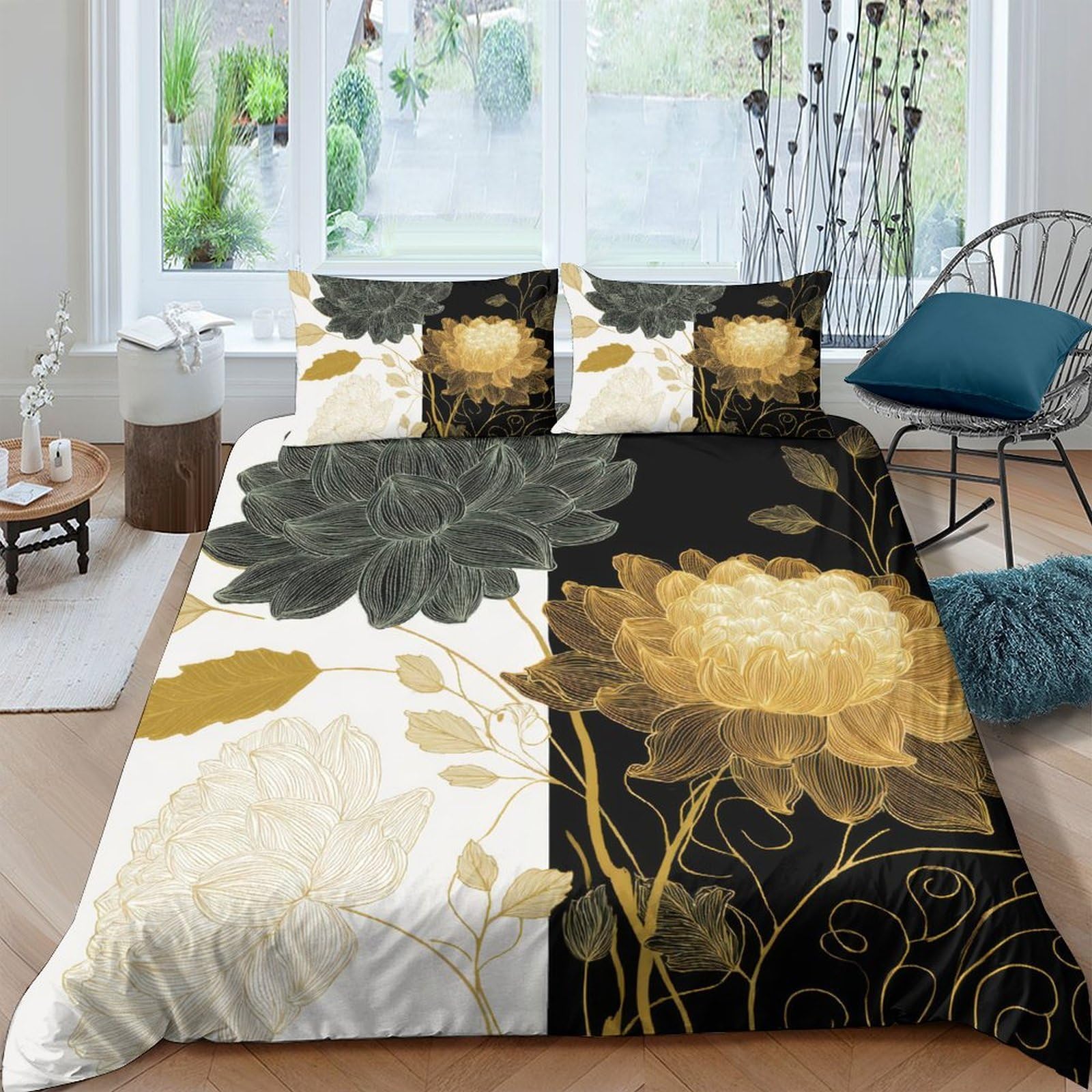 Ctjqhvkz Style-5 3D Printed Golden Floral Fitted Sheet Microfiber Black Beige Artistic Bed Cover For Bedroom Guest Room Decor Protection Single（135X200cm）