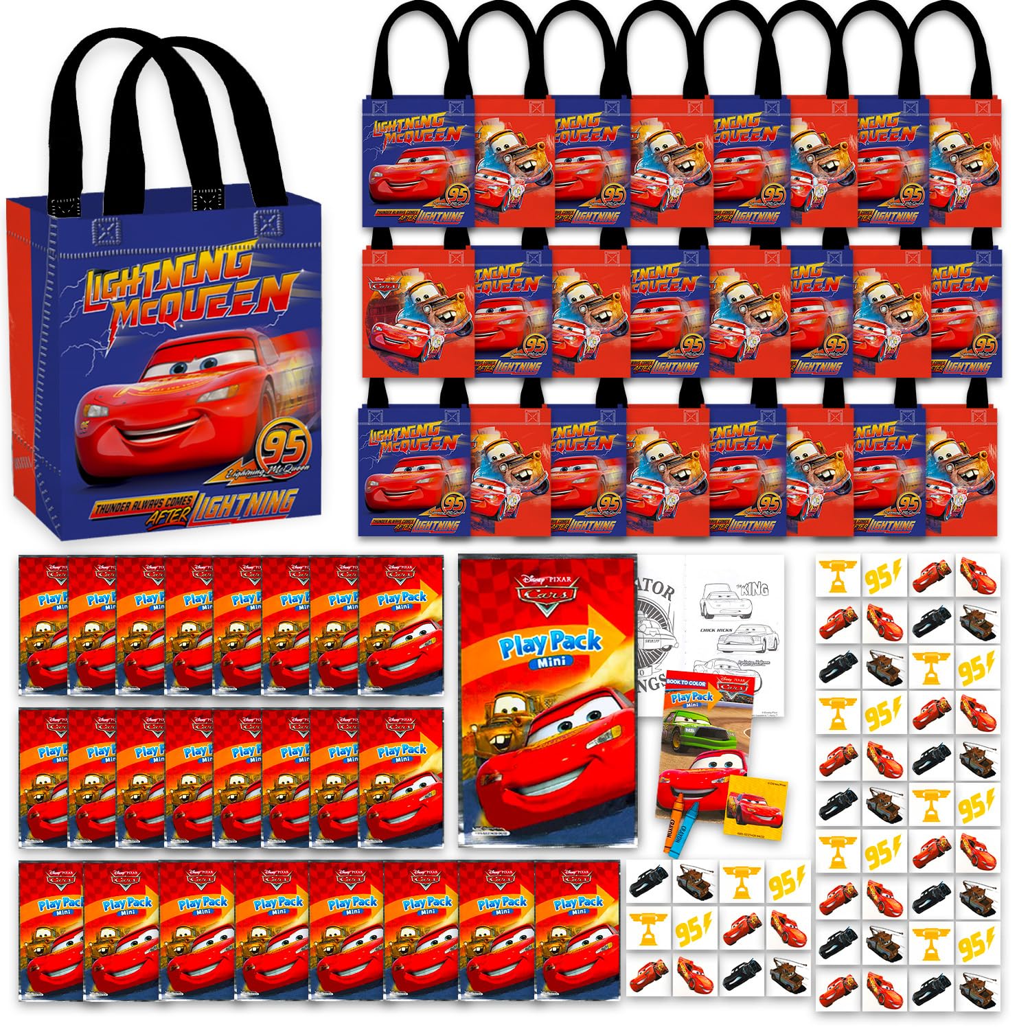 Disney Cars Party Favors Ultimate Set – 24 sacchetti per feste con mini libro di attività da colorare, adesivi, tatuaggi | Saetta McQueen Compleanno Forniture