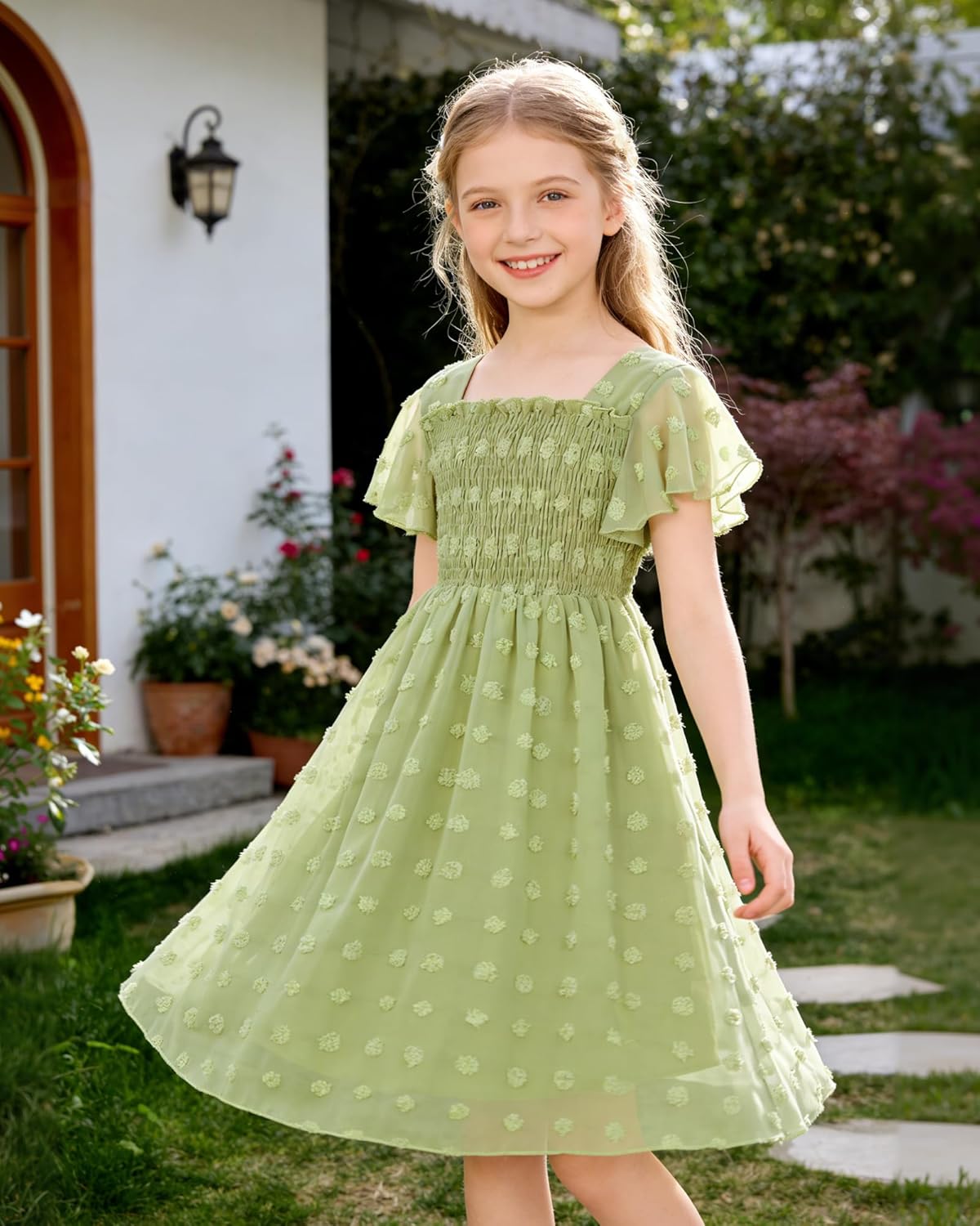 Kids4ever 6-12T Girls Chiffon Dress with Solid Pom Poms & Flutter Ruffle Short Sleeve Kids Lace Square Neck Frocks - Image 8