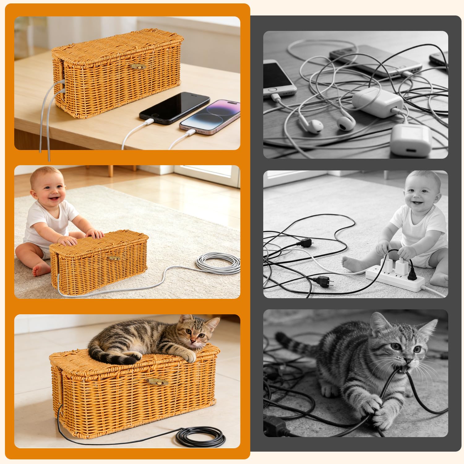 2 cajas de gestión de cables de ratán tejidas a mano, caja organizadora de cables con tapa, cesta oculta de cables de ranura abierta, caja de almacenamiento decorativa para ocultar computadoras