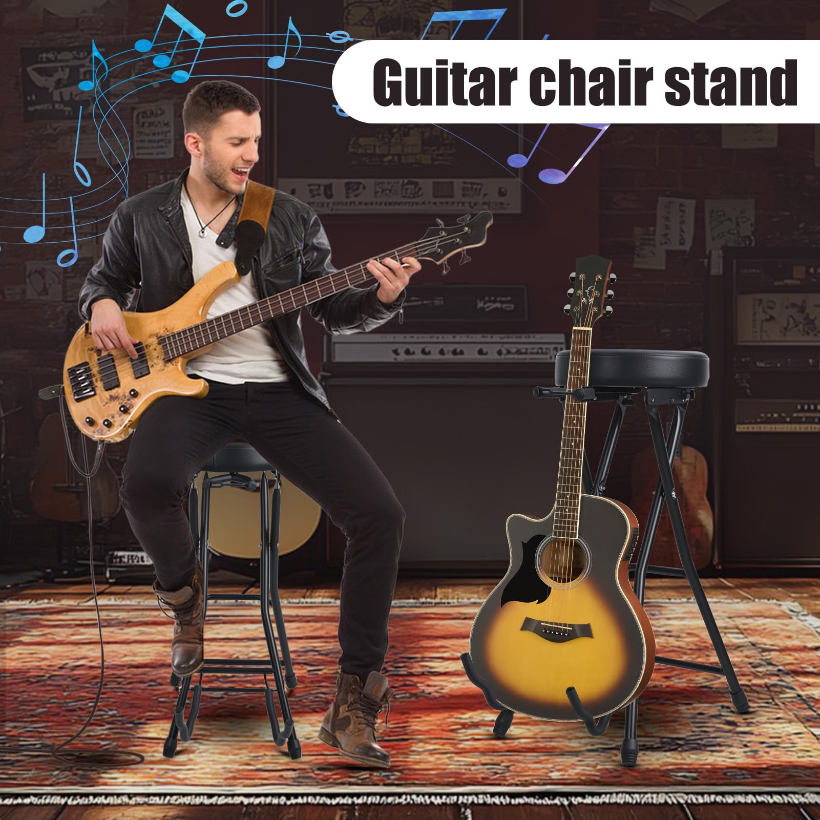 Taburete plegable para guitarra con asiento acolchado, silla de guitarra plegable con soporte de guitarra integrado, reposapiés de gancho retráctil, taburete de actuación para músico, para bajo