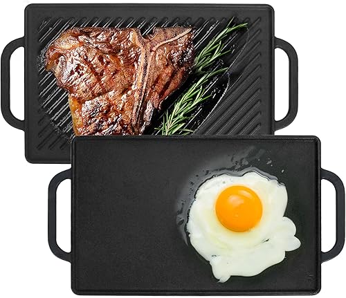 GasSaf Estufa de hierro fundido de doble cara para cocina interior, sartén reversible para parrilla de gas al aire libre, campamento al aire libre,
