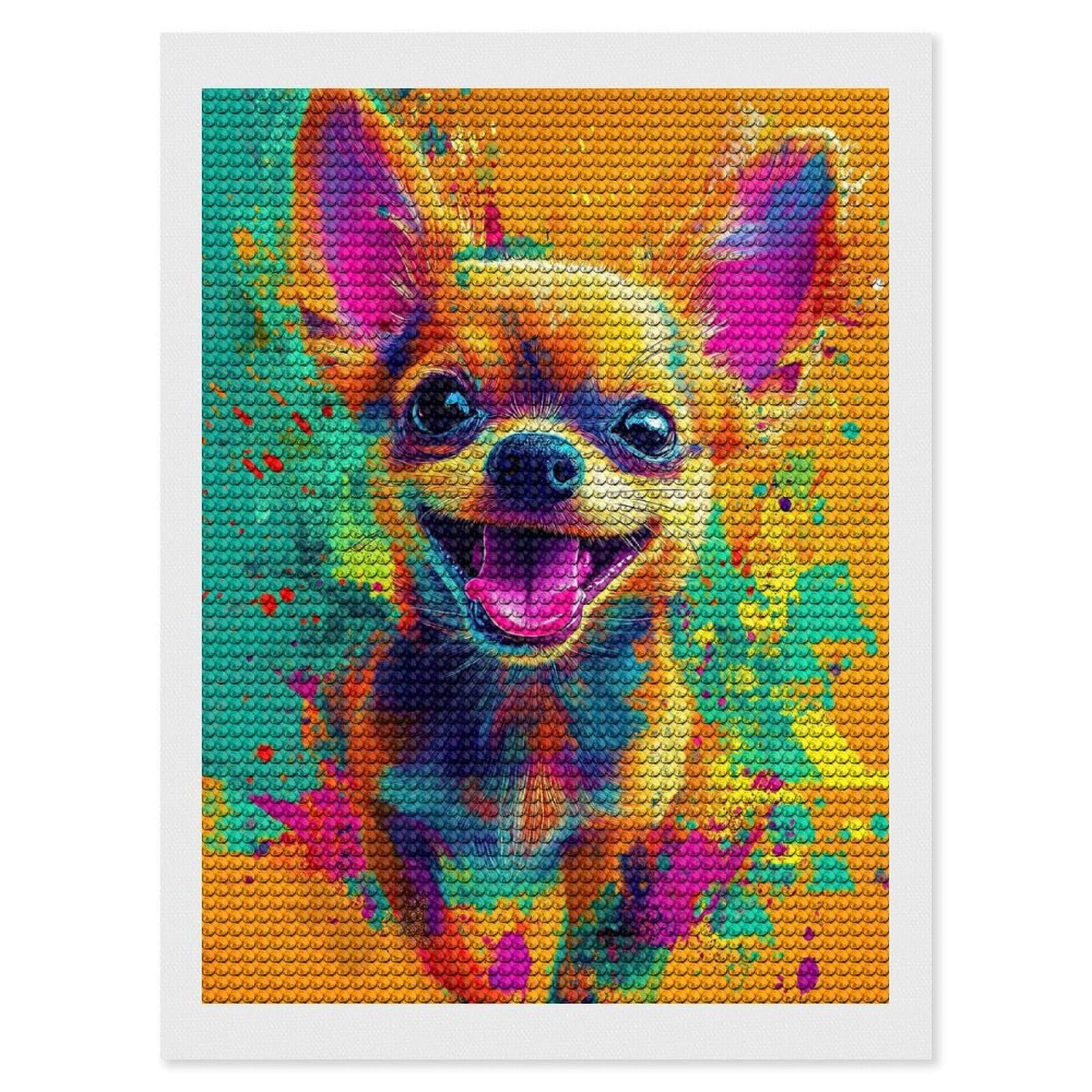 Junmoney Colorful Chihuahua Portrait Crystal Diamond Art Kit 12"x16", Stress Relief Craft, Decorative Artwork, Vintage Style Decor, Birthday Gift