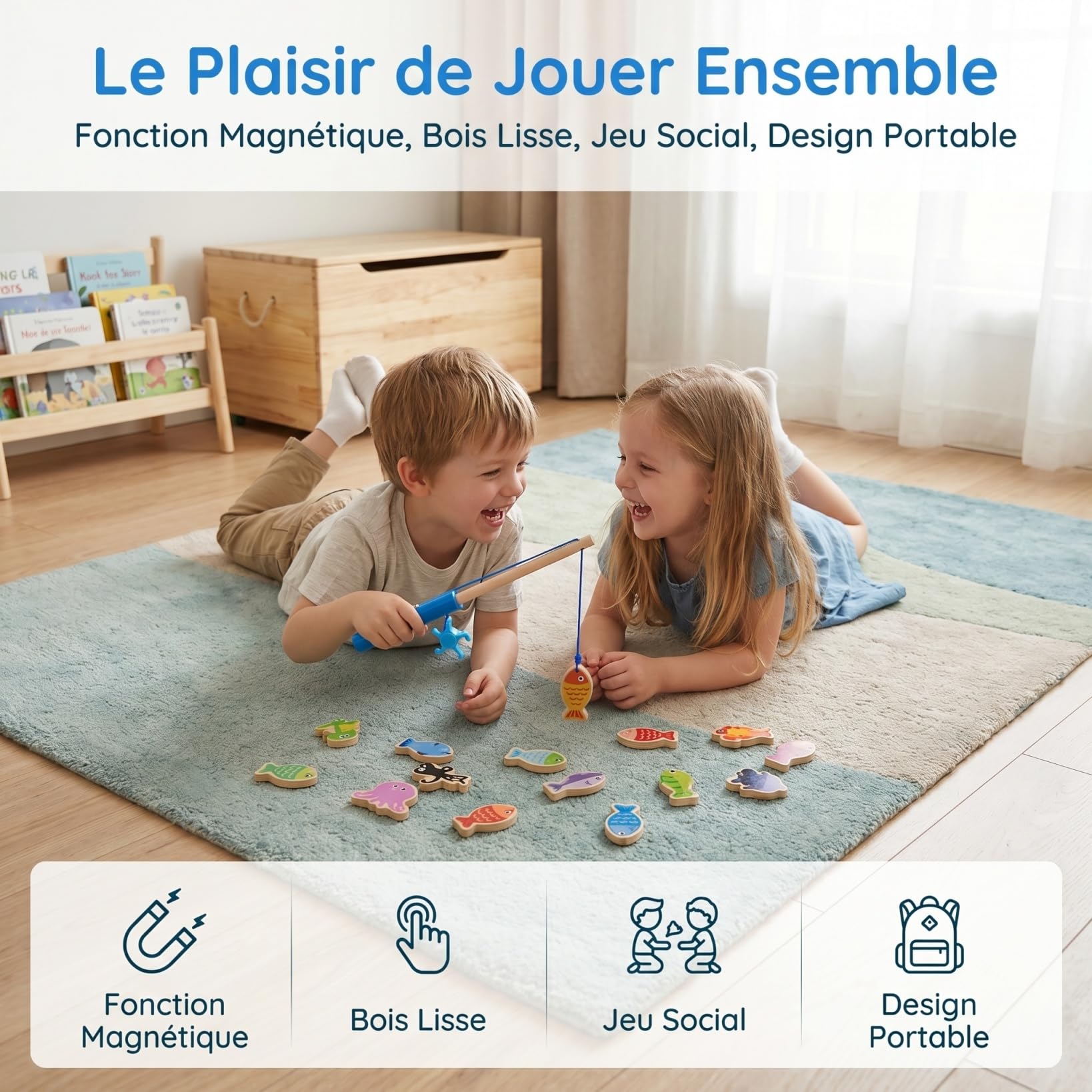 Toddmomy Canne À Pêche Magnétique en Bois 8 Pièces Jouet De Pêche Aimanté pour Enfants Jeu Éducatif Maternelle Activités Familiales Bain