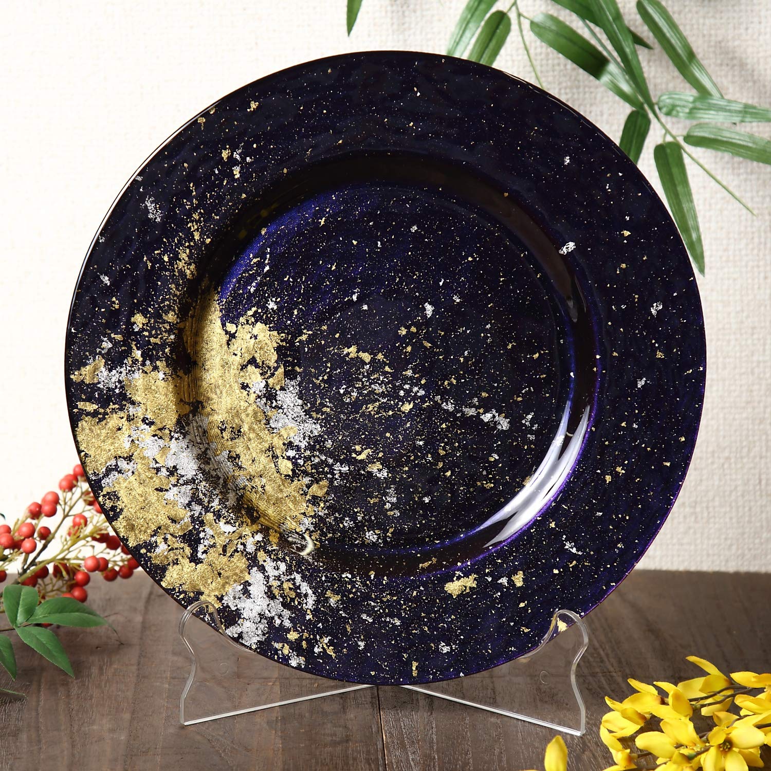 Syosaku Japanese Urushi Glass Dinner Plate Φ12.5-inch Majestic Blue with Gold Leaf, Dishwasher Safe, Dinner 12.5-inch (32cm) - Image 2