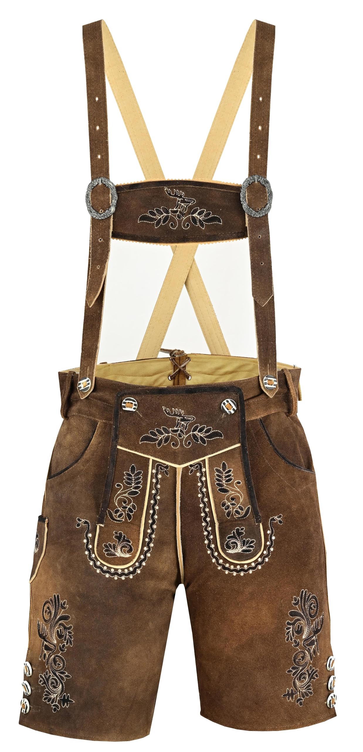 RIDEX Men's Bavarian Oktoberfest Antique Leather Lederhosen Short Trouser with Matching Suspenders (UK, Waist, 42, Regular, Regular) Brown