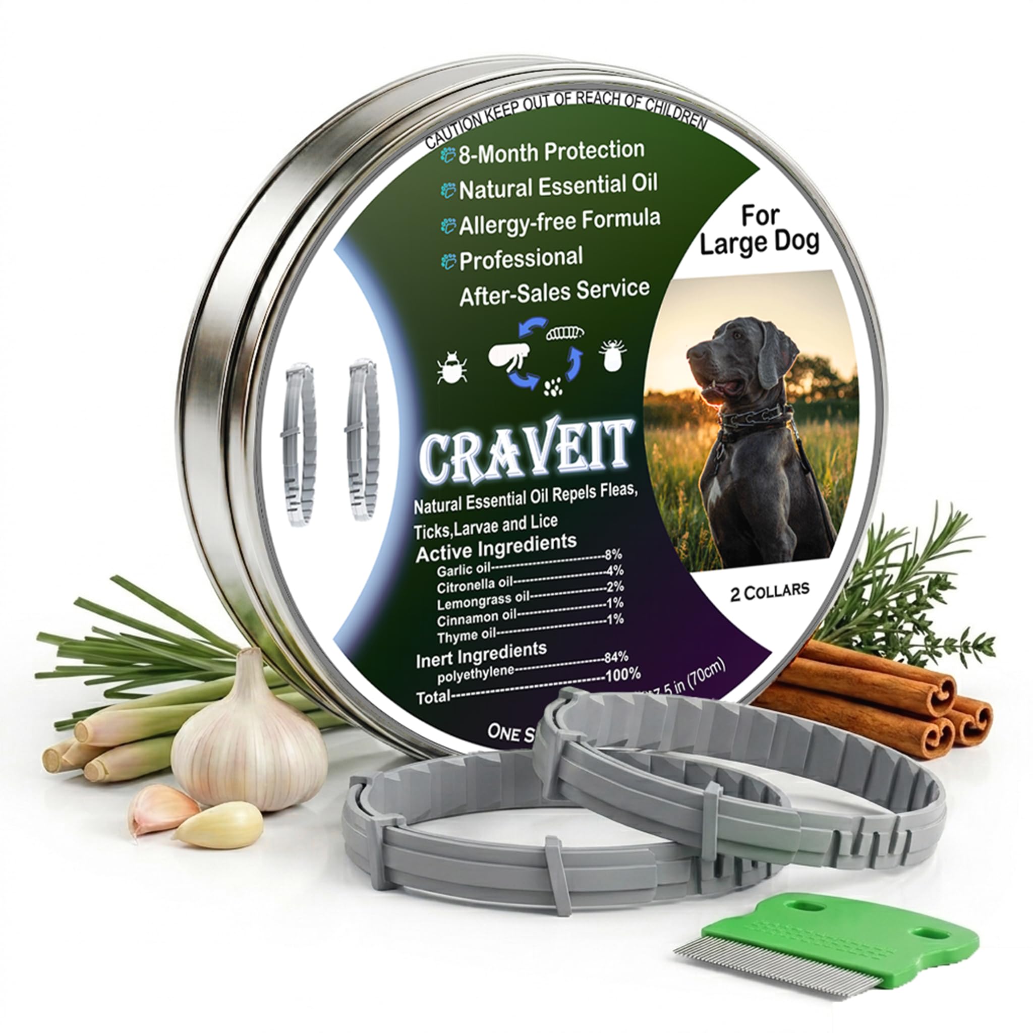 Craveit Dog Flea Collar, 2 Pack Flea Collar for Dogs Large, Gentle Plant-Based Tick Repellent for Large Dog, Waterproof & Adjustable, 8-Month