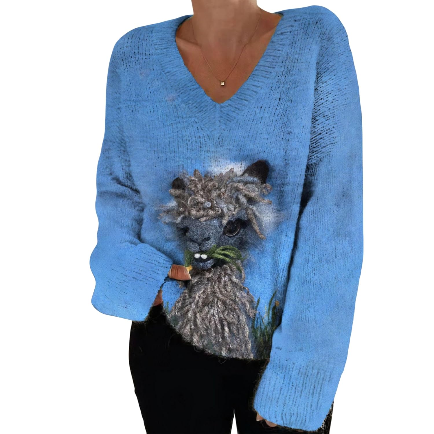 V-Neck Knitted Sweaters for Women Cozy Fall and Winter Knitwear with Animal Floral and Holiday Prints