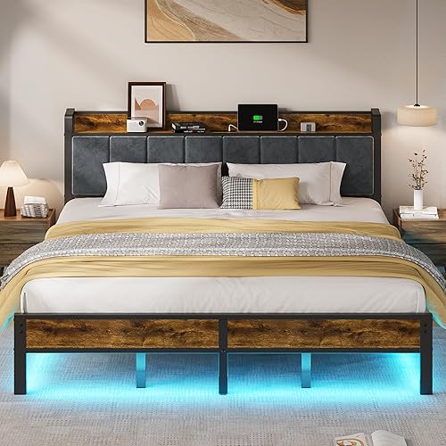ALBERTO King Size Bed Frame with LED Lights, Upholstered Headboard with Storage and Charging Station, Metal Platform with Slats, No Box Spring Needed, Easy Assembly