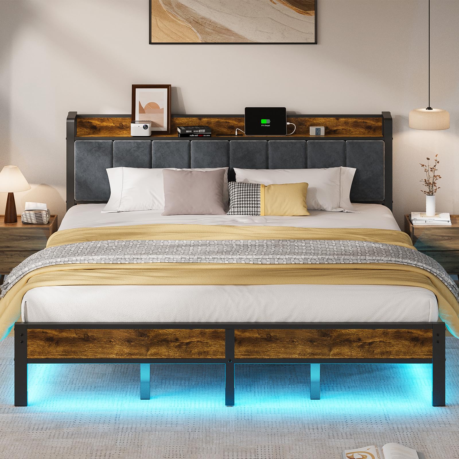 ALBERTO King Size Bed Frame with LED Lights Upholstered Headboard with Storage and Charging Station Metal Platform with