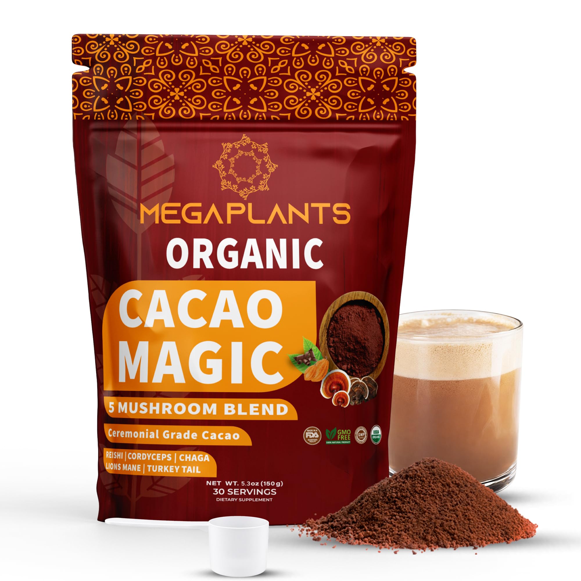 MegaPlants Cacao Magic (50 Servings) | Superfood 5 Mushroom Blend | Lions Mane, Reishi, Chaga, Cordyceps, Turkey Tail | Smoothie, Hot Chocolate, Coffee Alternative
