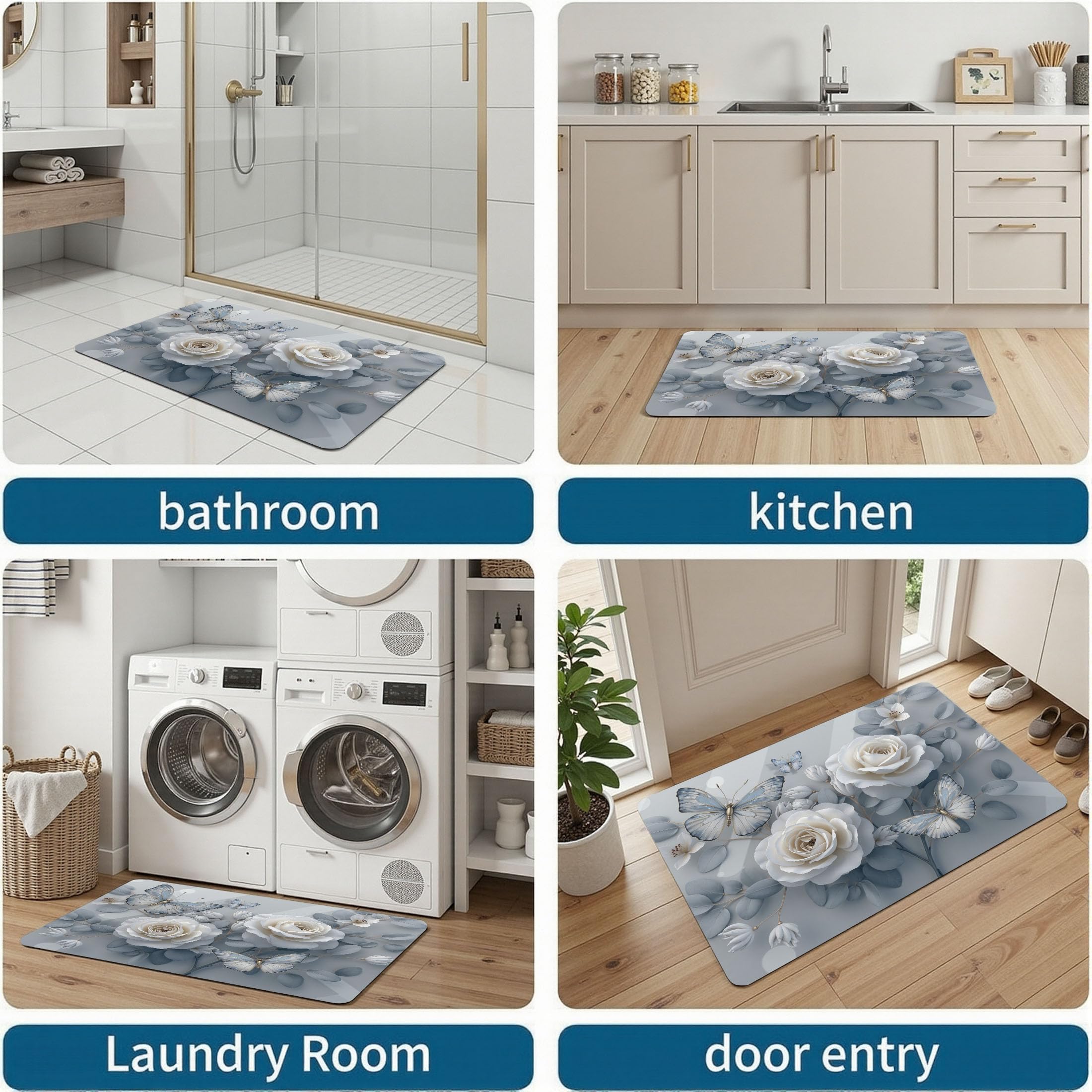 Tapis Entree Interieur Luxe Floral 80x120cm Lavable en Machine, paillasson AntidéRapant Poil Ras, Papillons Roses en Relief pour Chambre Salle a Manger Cuisine, Gris Bleu