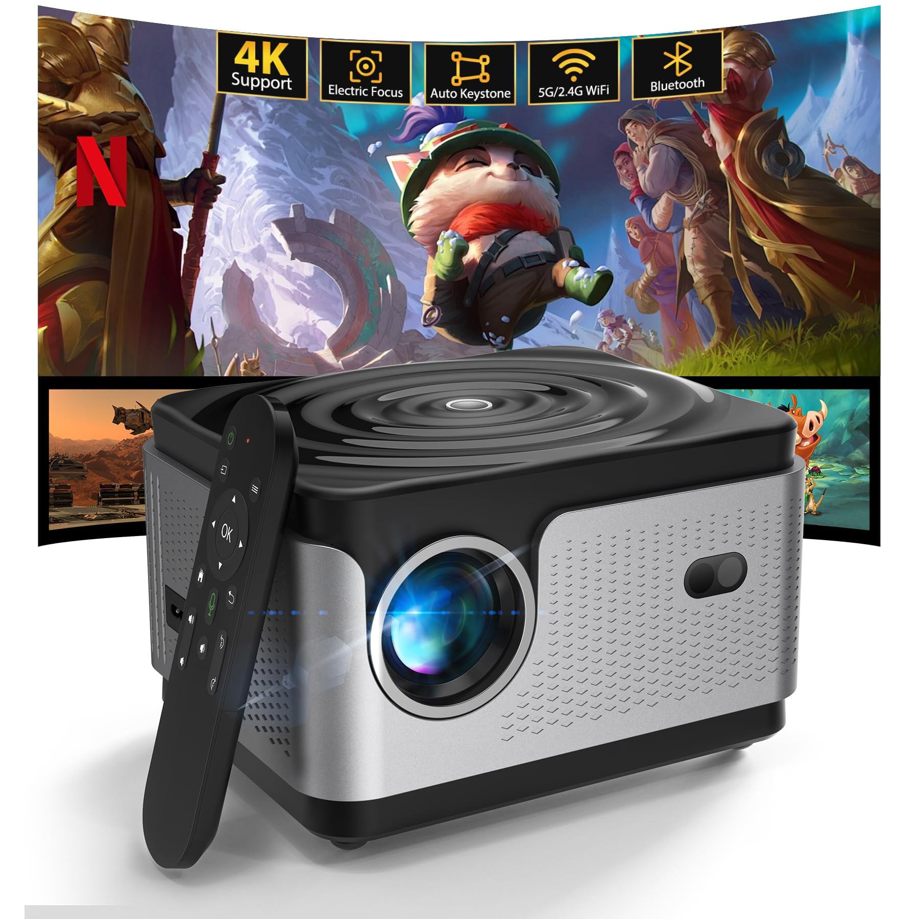 Vidéoprojecteur, Auto Focus/Keystone, 30000 Lumens 1080P FHD WiFi BT Video Projecteur 4K Supporté, Zoom 50%, Miracast pour Téléphone/PC, Projecteur Portable pour Réunion, Fêtes et Loisirs à Domicile