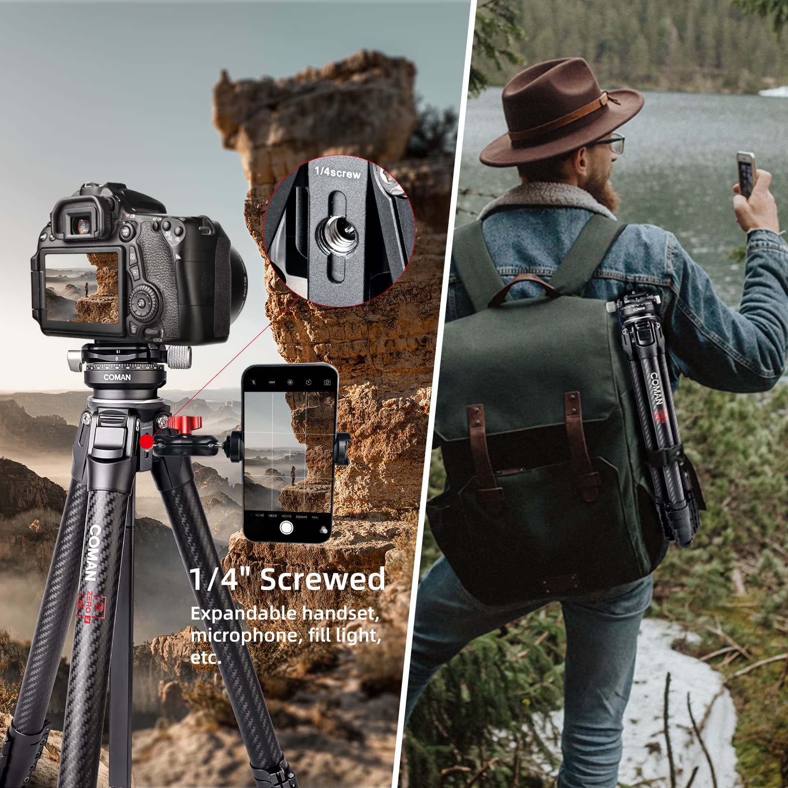 Treppiede per fotocamera, COMAN Zero Y in fibra di carbonio con testa a sfera panoramica a 360° e treppiede video per tutte le fotocamere DSRL, treppiede leggero a colonna centrale fino a 18 kg