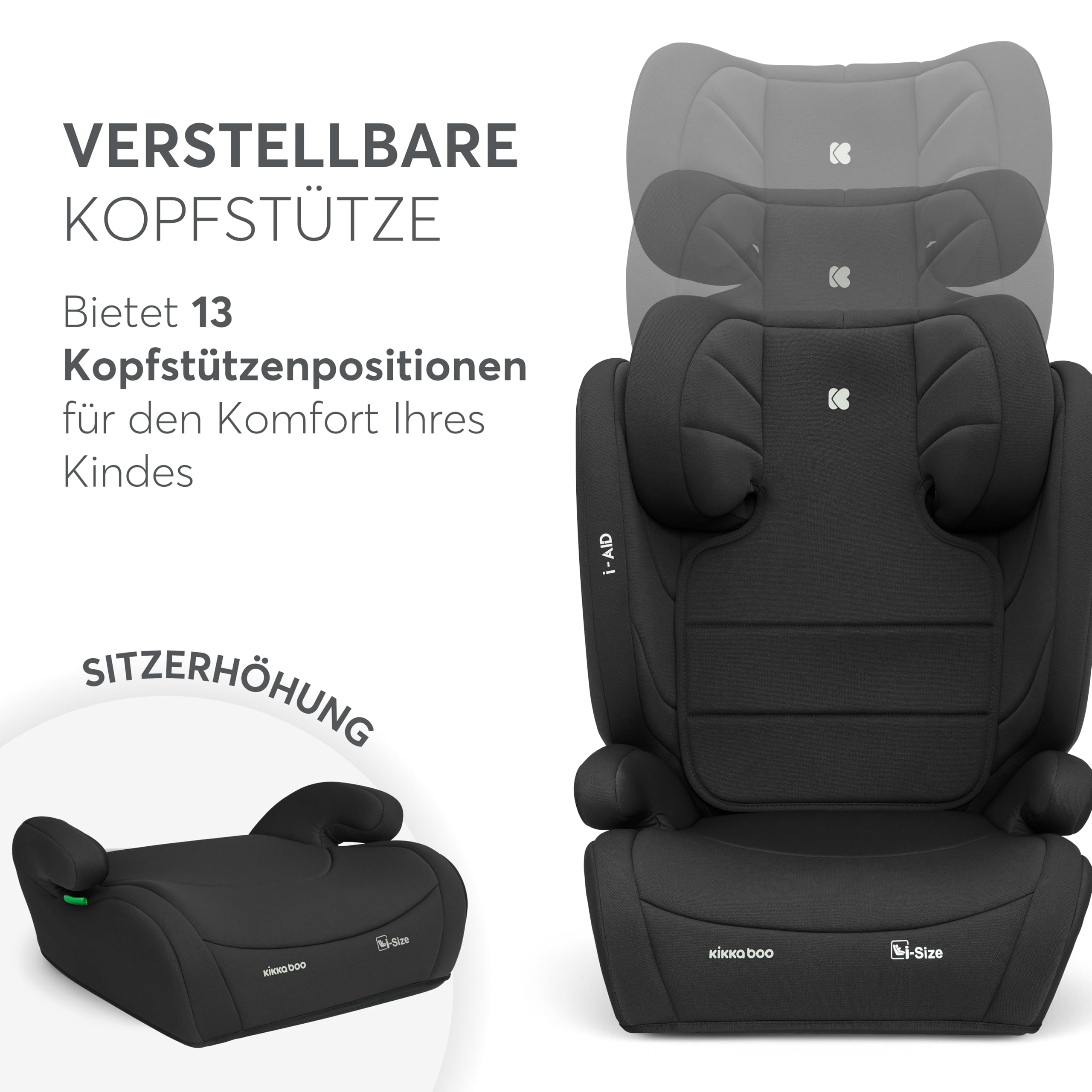 KikkaBoo Kindersitz 15-36 kg Gruppe 2-3 i-Size i-AID ohne ISOFIX 13-fach verstellbare Kopfstütze Schwarz