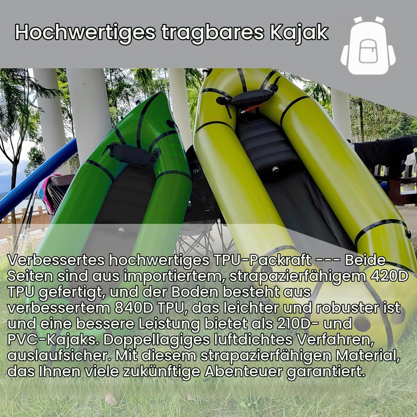 Packraft 420D TPU Aufblasbare Reise Kayak Leichte Packrafts mit weichem Sitz für Flachwasser Rafting Fahrrad Driften Litewater Dinghy, 1 Person