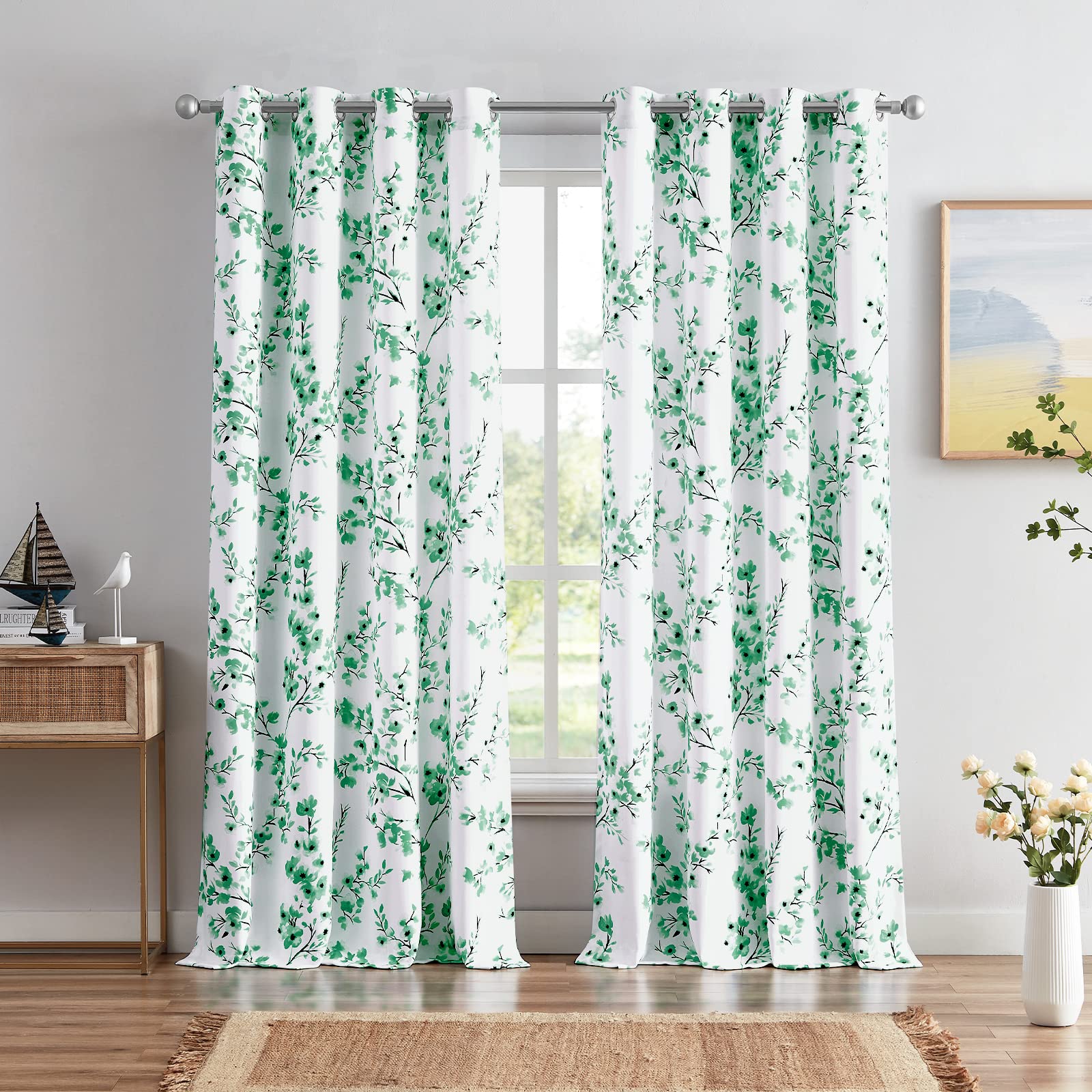 Melodieux Floral Curtains 63 Inch Length for Living Room, Farmhouse Green Apricot Flower Print White Decorative Grommet Drapes, 52x63 Inch, 2 Panels