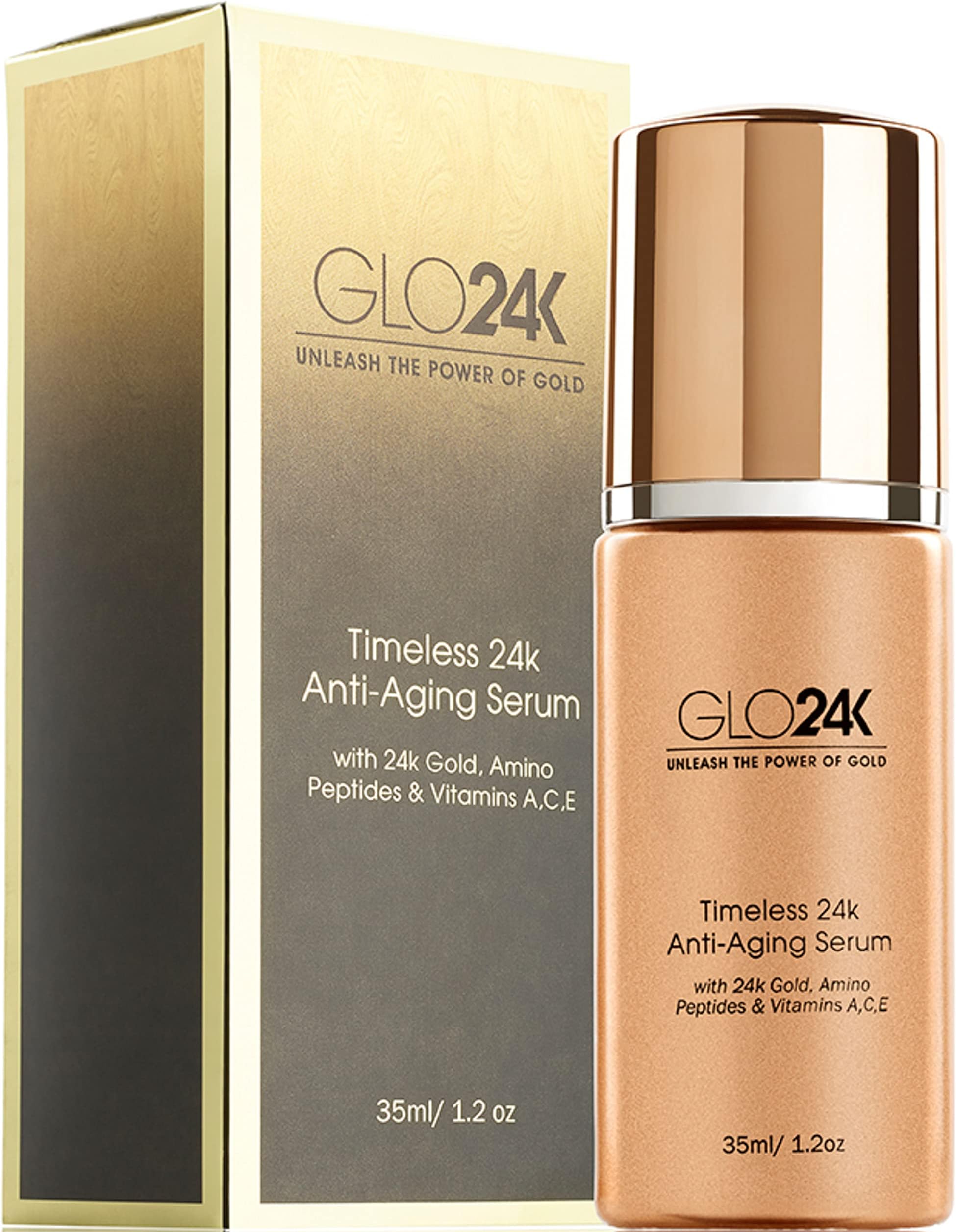 GLO24K Timeless Serum with 24k Gold, Peptides, and Vitamins A,C,E. A Powerful formula to nourish and revitalize your skin.