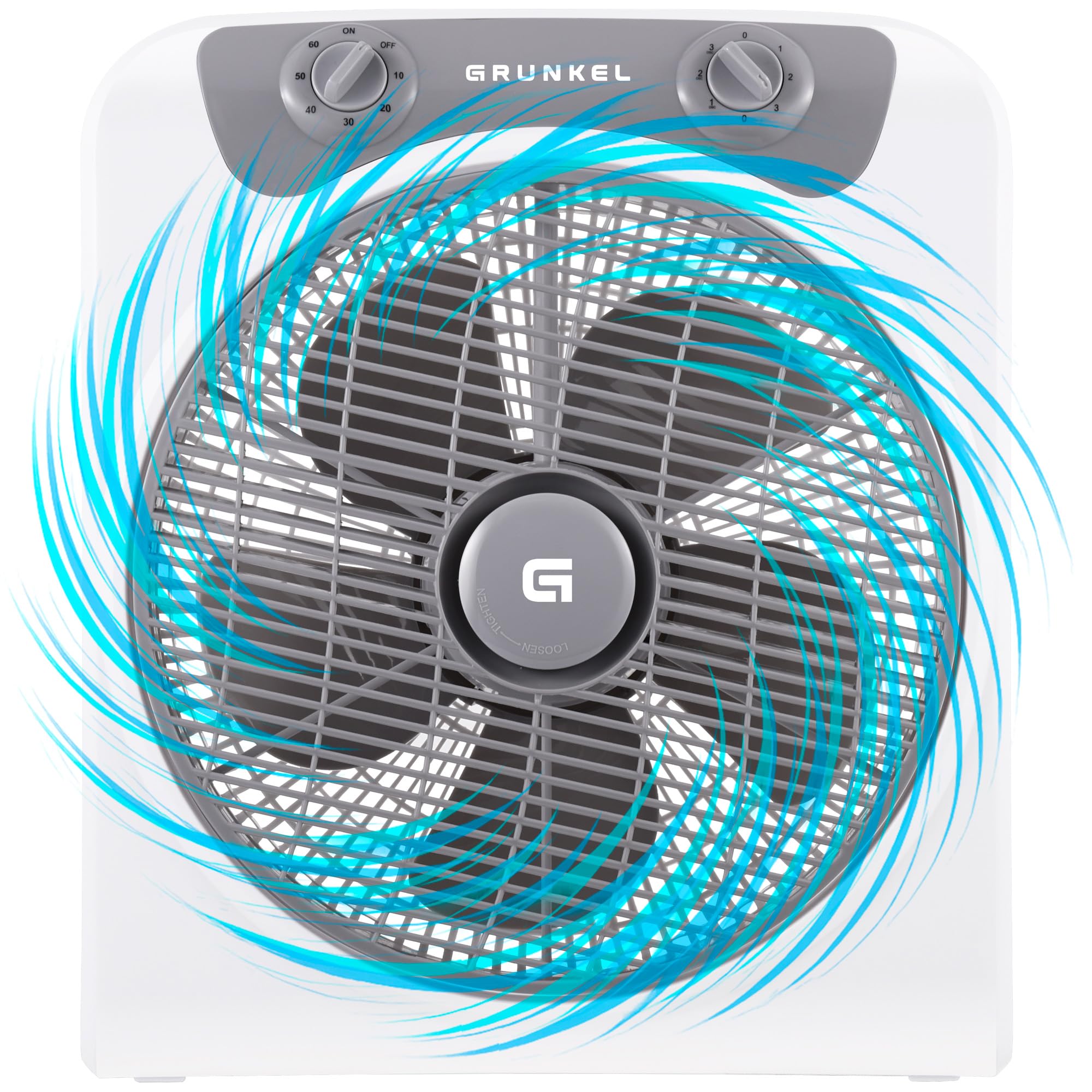 Grunkel - Box Fan – wydajny i lekki wentylator podłogowy o średnicy 30 cm, funkcja oscylacji, timer 60 minut, 3 poziomy prędkości – 50 W