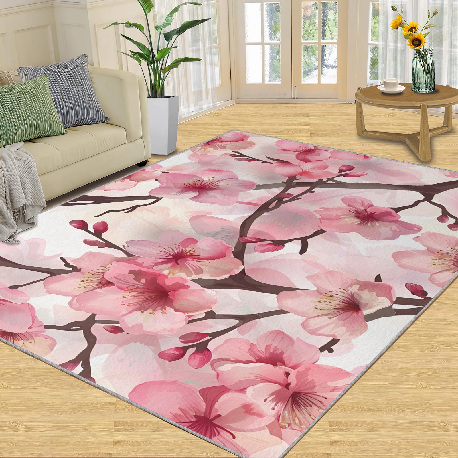 Tapis à fleurs de cerisier pour chambre de fille - 180 x 200 cm - Antidérapant et lavable - Motif japonais - Tapis doux à poils courts - Rose - Motif floral botanique