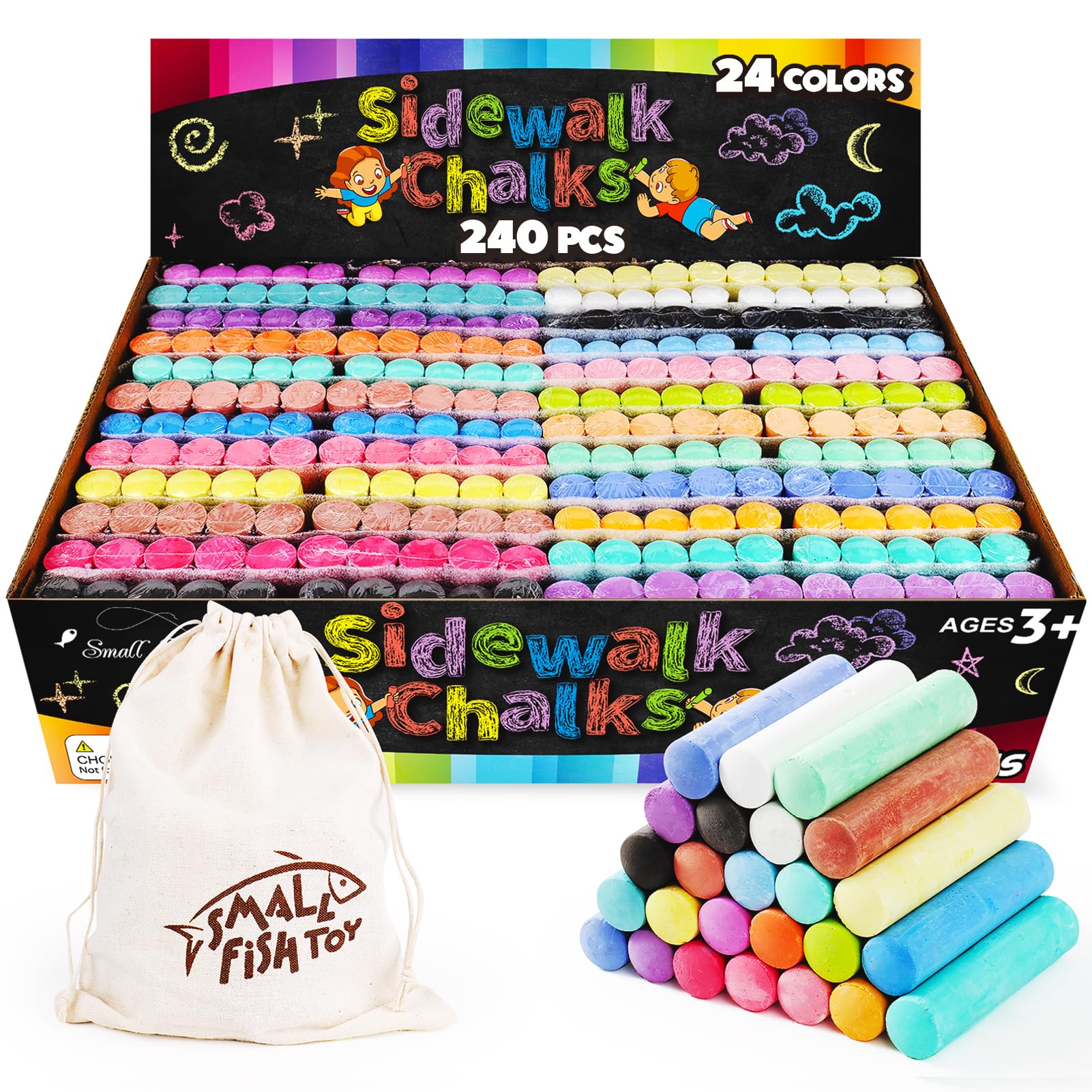 240PCS Washable Sidewalk Chalks, 24 Colors Jumbo Chalk for Kids, Non-Toxic Sidewalk Chalk Bulk for Toddler, Dustless Outdoor Chalk Giant Box