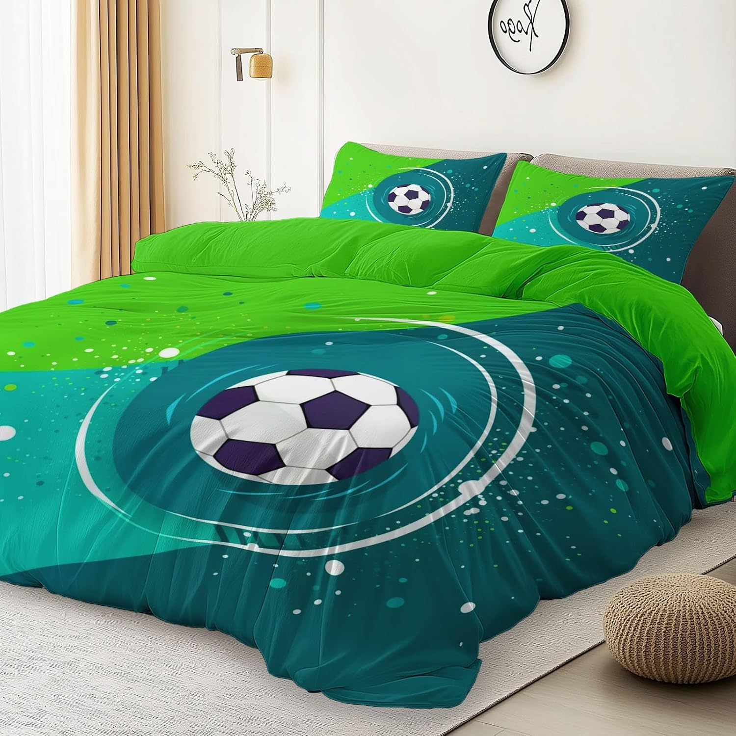 Duvet Cover Twin Size Sets, Sports Cartoon Football Printed Microfiber Bedding Set with Pillow Sham, Green Duvet Cover with Zipper Closure for Kids Man and Woman
