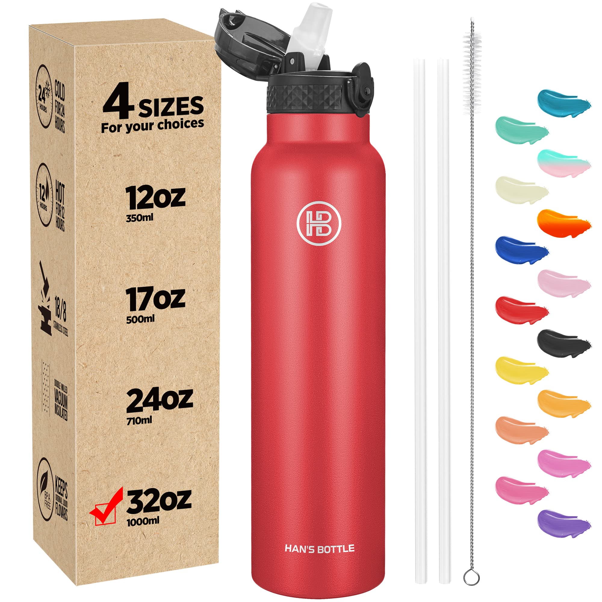 Han's Bottle Sports Water Bottle - 32 Oz, Straw Lid, Leak Proof, Vacuum Insulated Stainless Steel, Double Walled, Thermo Mug,Red