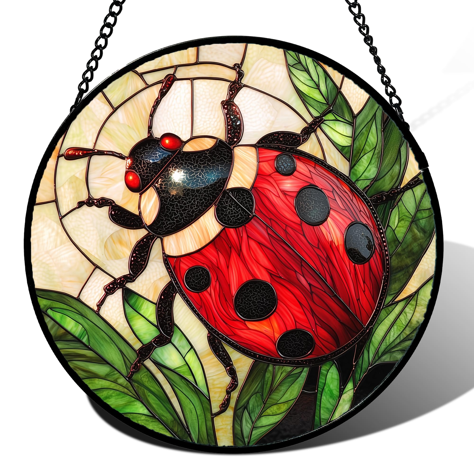 Stained Glass Window Hanging - Red Seven-Spotted Ladybug Sun Catcher for Door Home Decor Insect Suncatcher Christmas Mothers