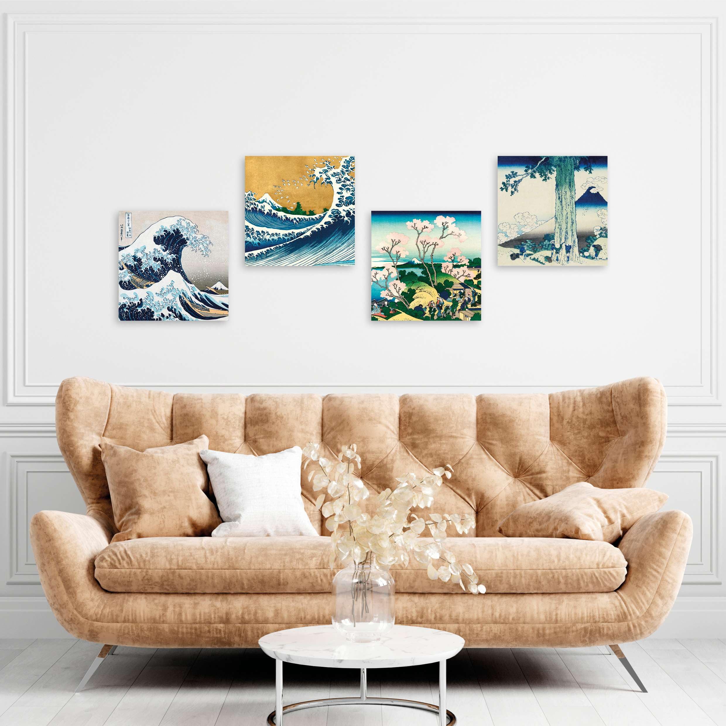 LuxHomeDecor Set di 4 quadri 30x30 cm – stampa su tela con telaio in legno stile arte giapponese – Katsushika Hokusai