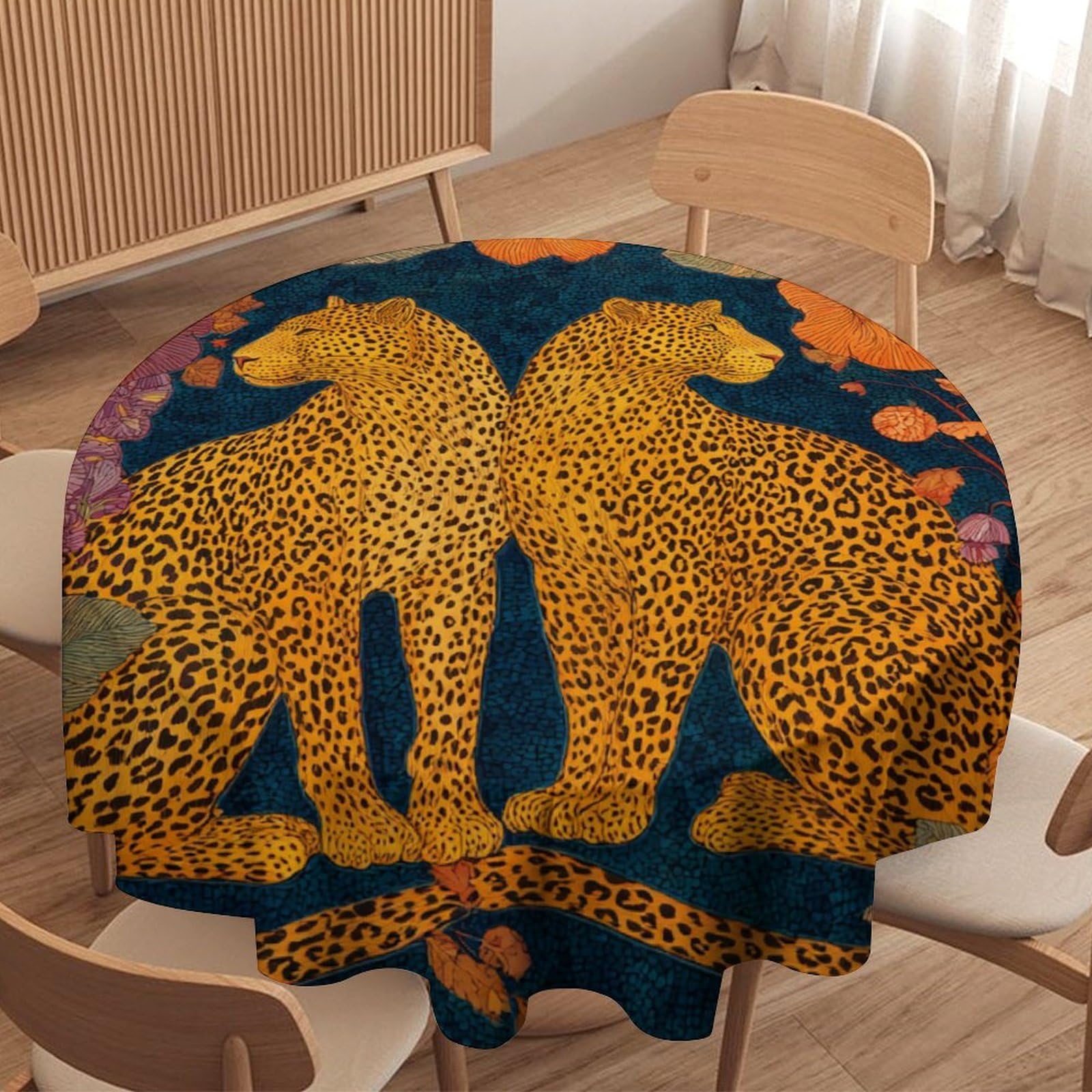 LUYYSKY Cool Rustic Wildlife Leopard Waterproof Round Tablecloth Retro Classic Plants Flowers Animals Leopard Pattern Washable Table Cover for Kitchen-127 Wx127 L cm