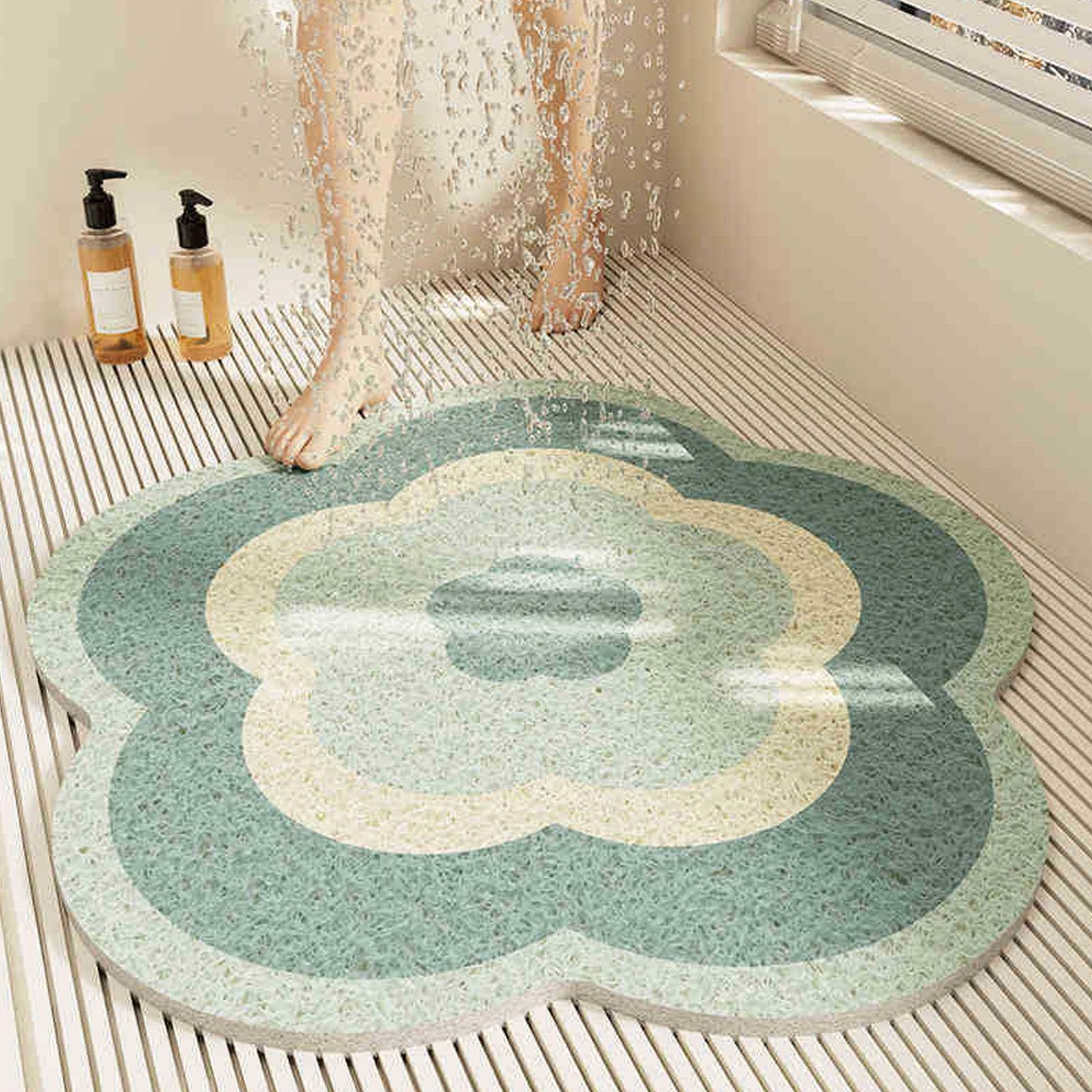 Round Floral Pattern Shower Mat for Indoor Bath, Non Slip PVC Sponge Bathroom Floor Mat with Drainage Holes, Quick Dry Anti Mould Shower Room Foot Mat (H,60 * 60cm)