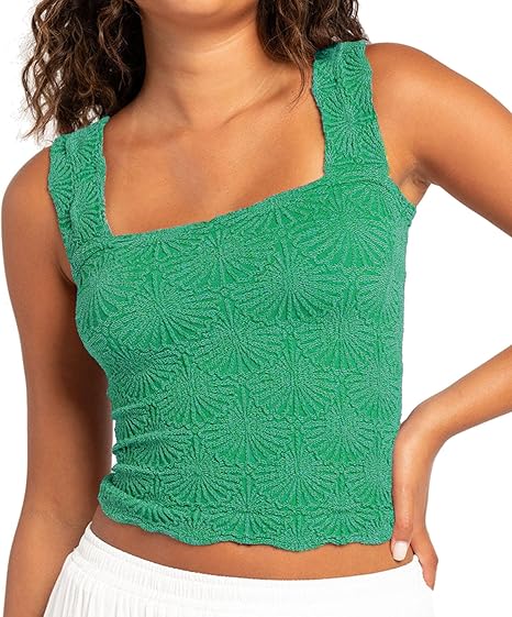 Women's Square Neck Wide Strap Crop Tank Tops Flower Going Out Tops Slim Fit Lettuce Trim Crop Cami Tops