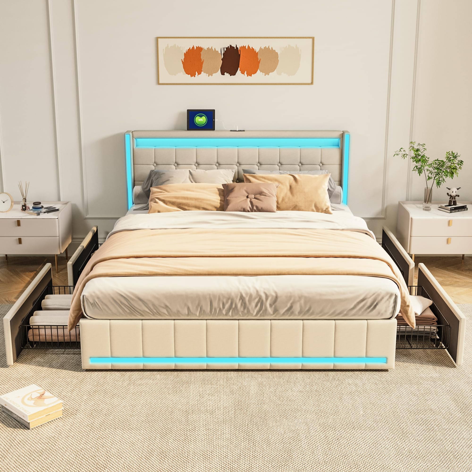 LIVLUX Lit 140x190 avec Sommier LED et USB,lit Double rembourré avec sommier à Lattes et 4 Tiroirs,lit 2 Personnes pour Adultes et Adolescents,Lin (Beige, 140 x 190 cm)