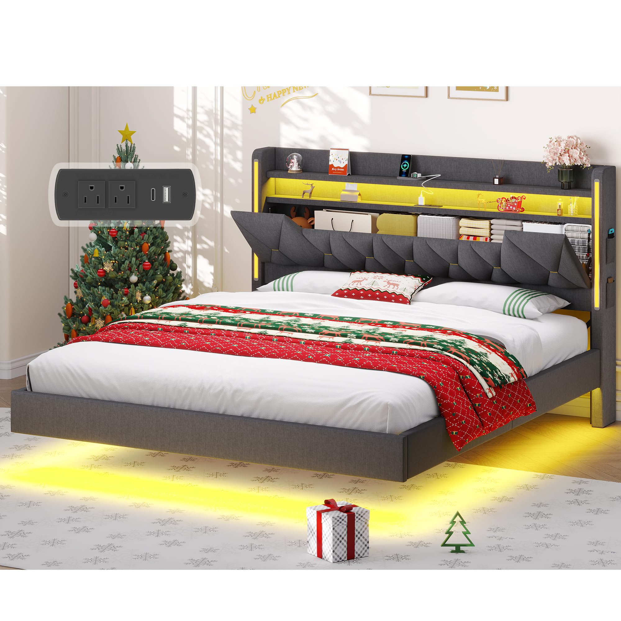 King Size Floating Bed Frame with Storage Headboard Heavy Duty Metal Platform Bed with Charging Station Smart LED