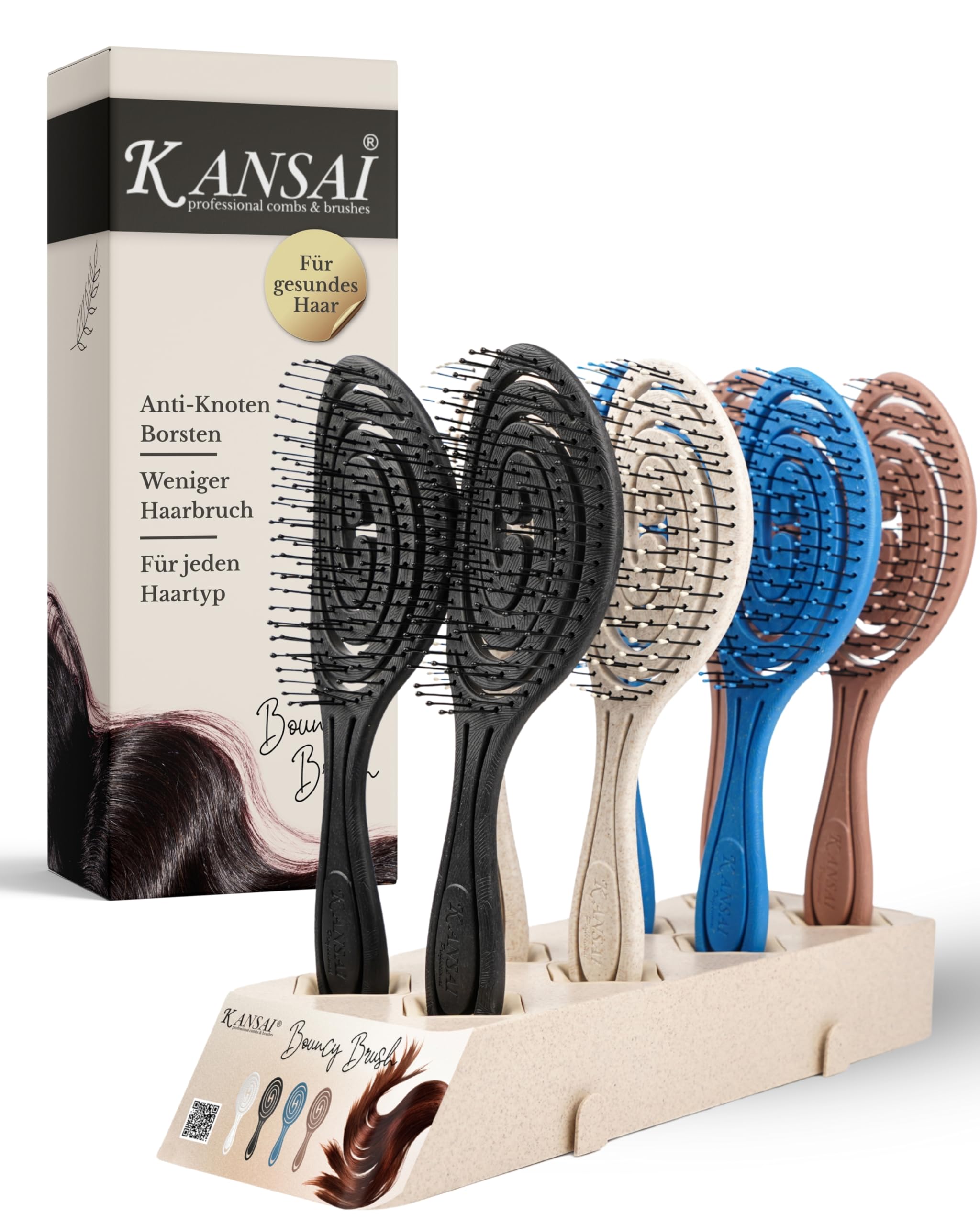 Kansai BOUNCY Brush mit flexiblen Noppenborsten I Aufsteller mit 8 Bürsten I Hochwertige Haarbürste ohne Ziepen I Perfekt für Friseursalons I Entwirrungsbürste ideal für glattes & lockiges Haar