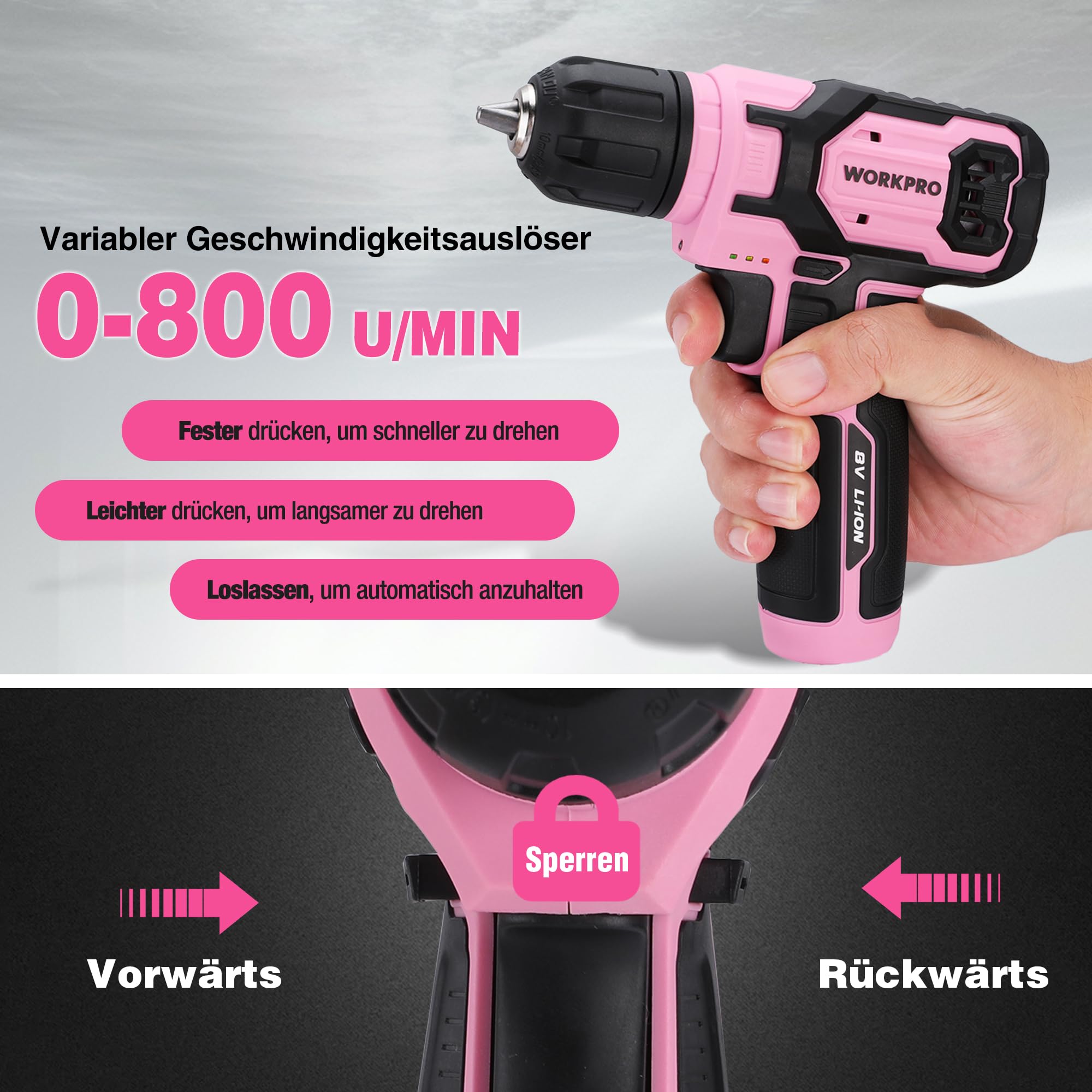 WORKPRO 8V Akku Bohrschrauber Set mit Transportkoffer, Akkuschrauber