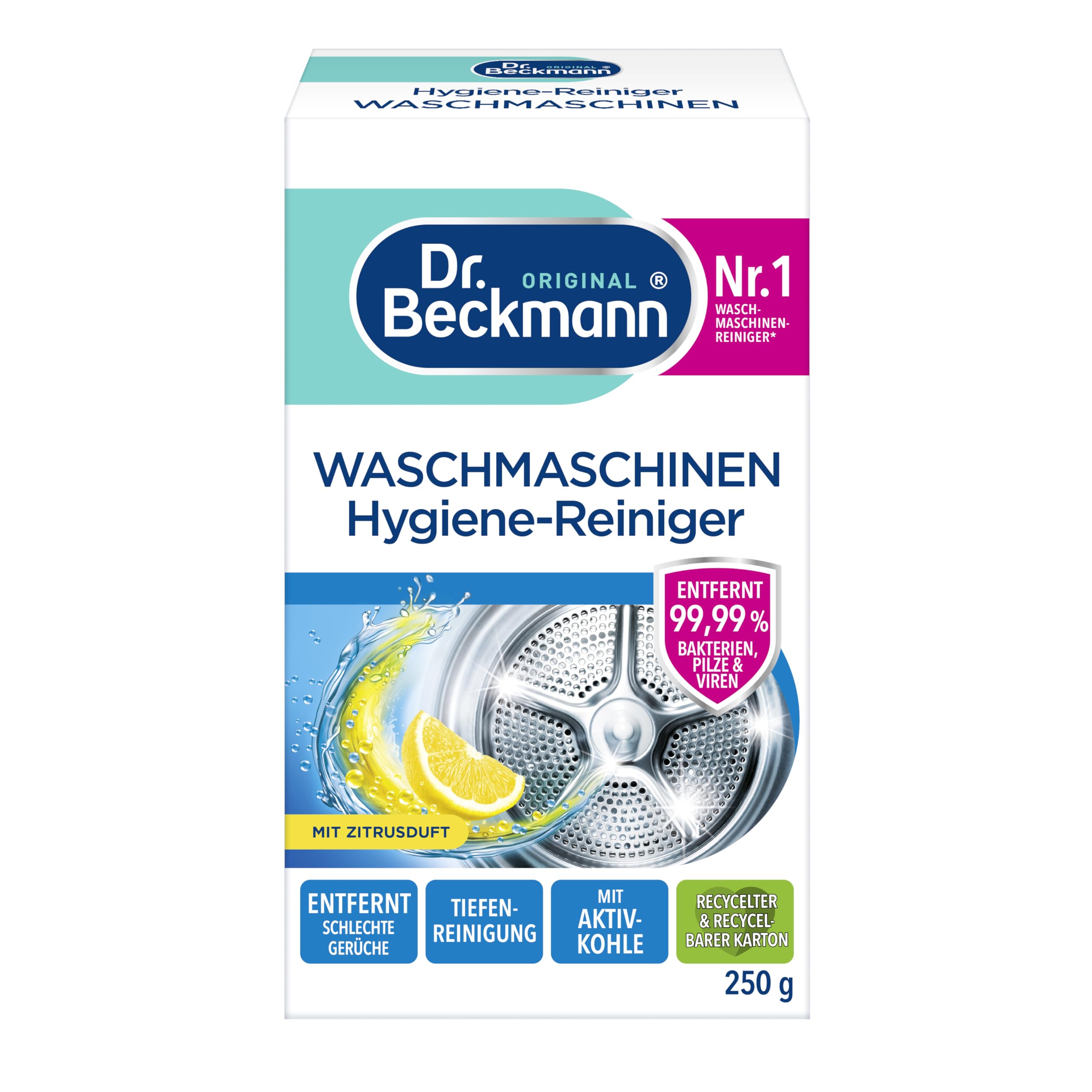 Dr. Beckmann Waschmaschinen Hygiene-Reiniger | Maschinenreiniger mit Aktivkohle | entfernt unangenehme Gerüche | 250 g