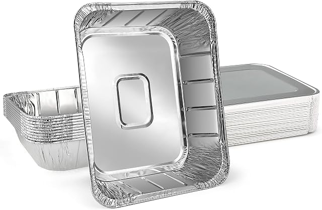 Delahunt Catering Supplies Large Disposable Aluminium Foil Trays Containers and Lids for Baking, BBQ, Roasting, Broiling, Cooking and Food Storage 32cm x 26cm x 6.5cm (Pack of 10 Trays 10 Lids)
