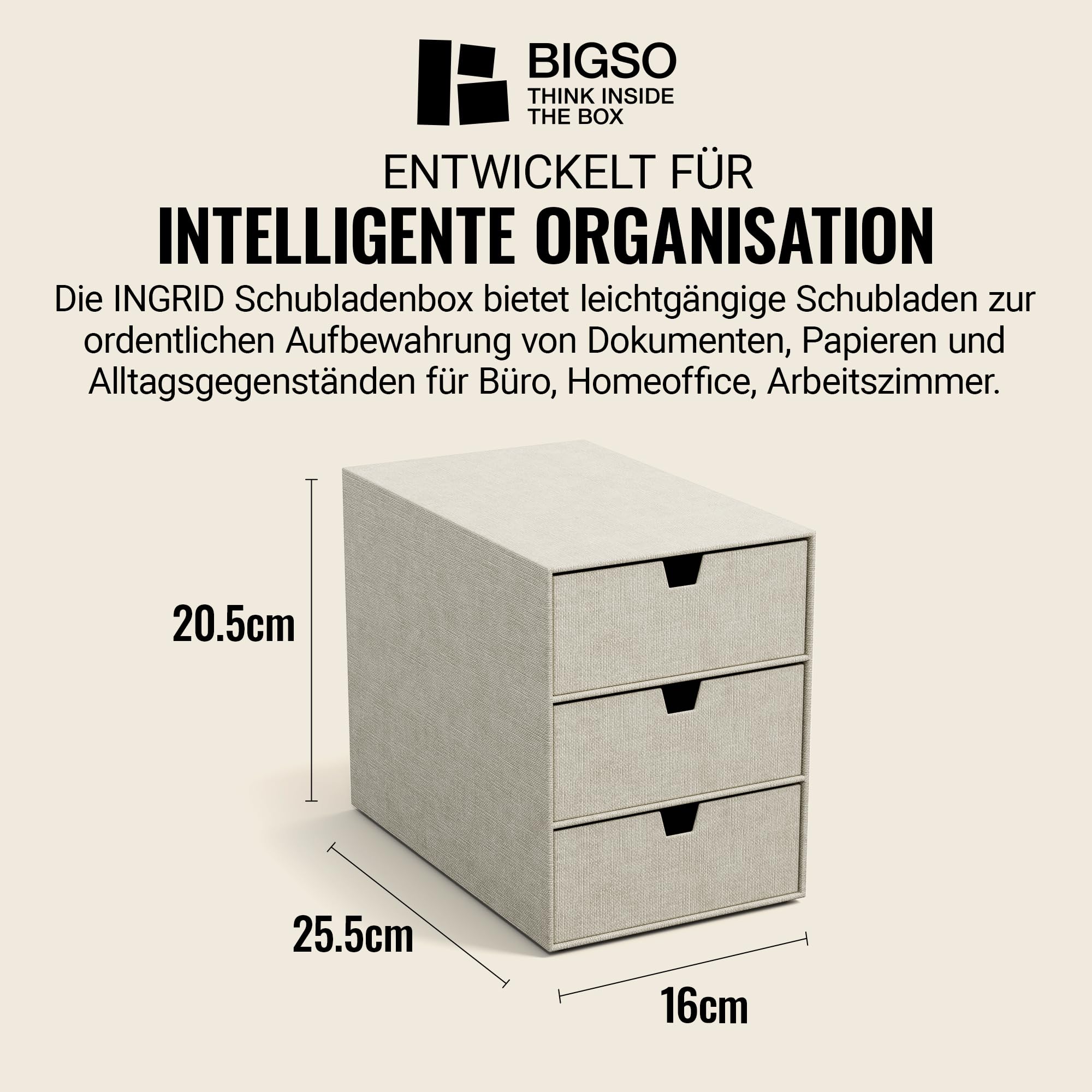 BIGSO INGRID Schubladenbox für Dokumente und Bürobedarf – Schreibtisch Organizer mit 3 Schubladen – Ablagesystem aus Faserplatte und Papier in Leinenoptik – beige