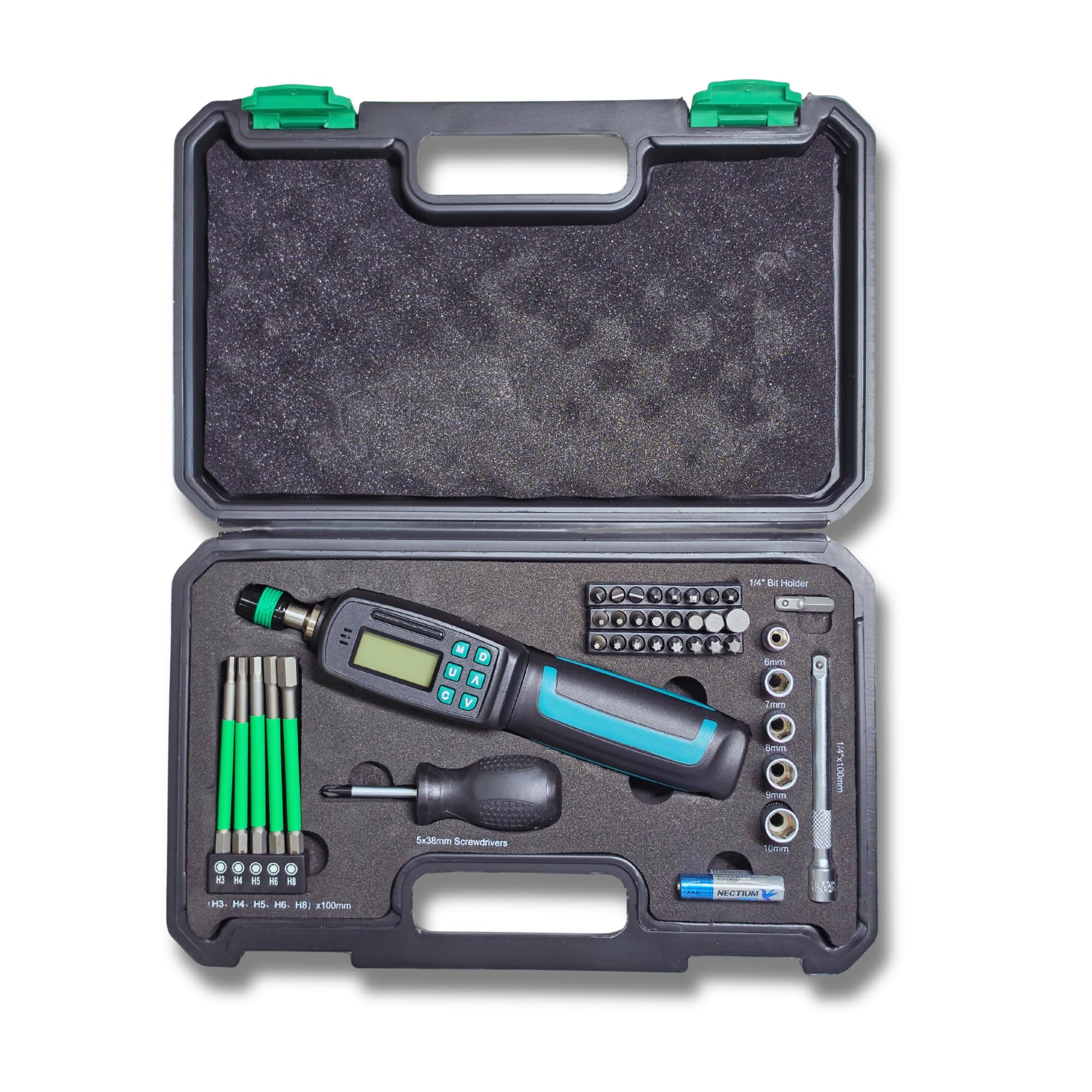 Destornillador Dinamométrico 0.24–8 Nm Digital 1/4” 39 Piezas LCD con Avisador Acústico y Lumínico Dinamometrica