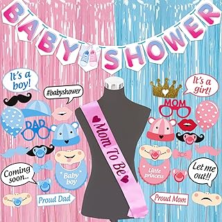 WOBBOX बेबी शावर पार्टी प्रॉप्स का कॉम्बो 30 पीस और पिंक (गुलाबी) रंग का बेबी शावर बंटिंग बैनर, मॉम टू लाइट पिंक सैश, ब्लू और पिंक फॉयल फ्रिंज के साथ, बेबी शावर डेकोरेशन आइटम (4 का पैक)