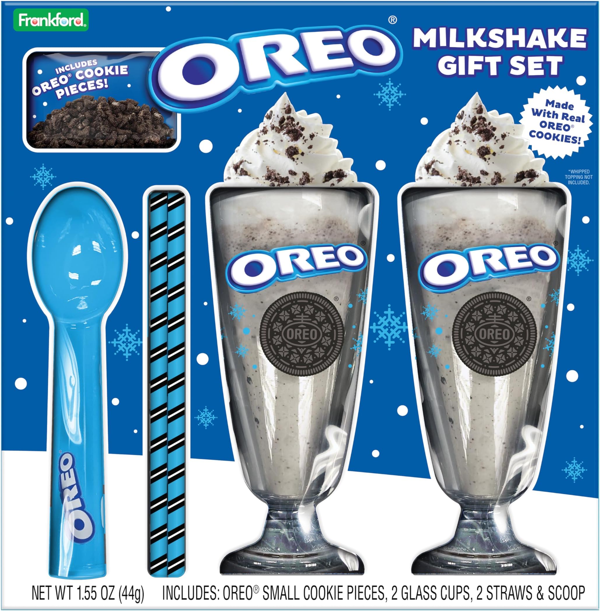 - Candy OREO Cookies and Cream Milkshake Gift Set with Cookie Pieces, 2 Glass Cups, 2 Straws, and Ice Cream Scoop