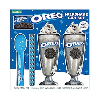 Oreo Milkshake Gift Set, Includes Cookie Pieces, 2 Glass Cups, 2 Straws & Ice Cream Scoop, White Elephant Idea, by Frankford Candy