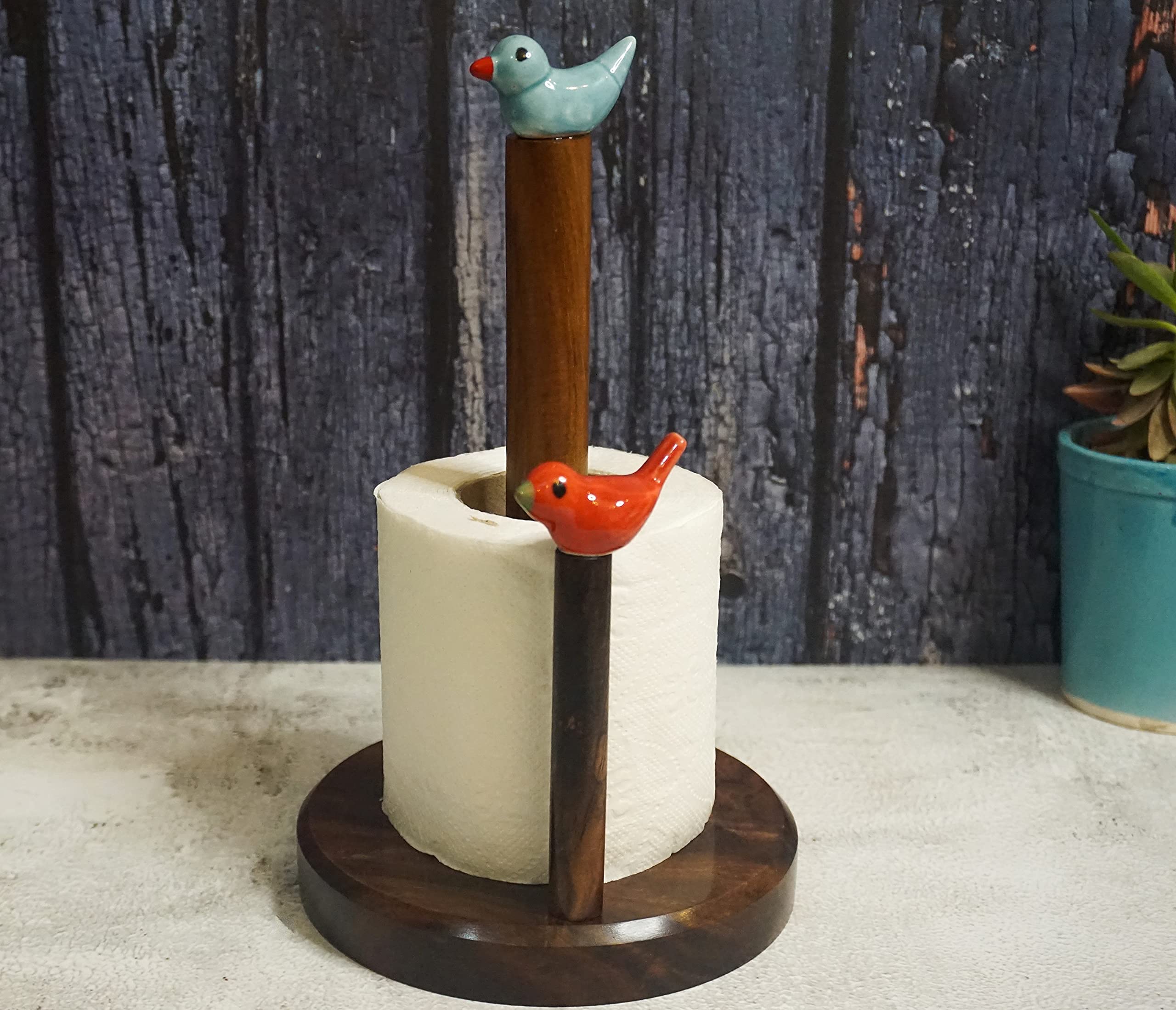 Culturway Rosewood Tissue Roll Holder Stand for Kitchen Dispenser | Kitchen Paper Roll Stand Napkin Roll Holder | Napkin Stand for Toilet - Tissue Roll Standing with 2 Birds