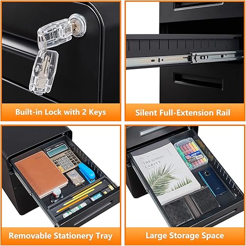 Miniatura 4 de LISSIMO Archivador de 3 cajones, archivador de metal con cerradura para tamaño legalcarta, gabinete debajo del escritorio con cajones para oficina